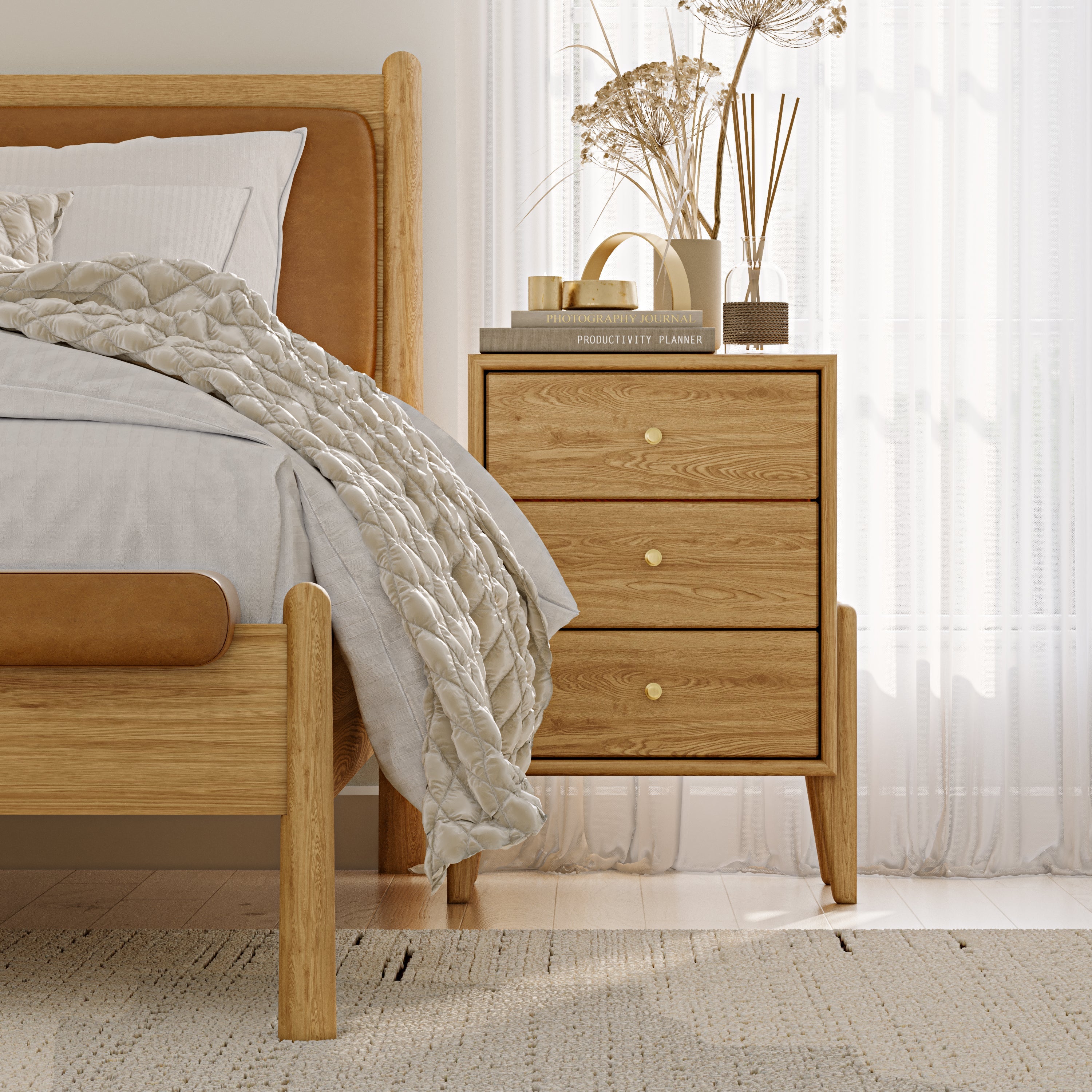 Fil Meşe Komodin 3 Çekmeceli