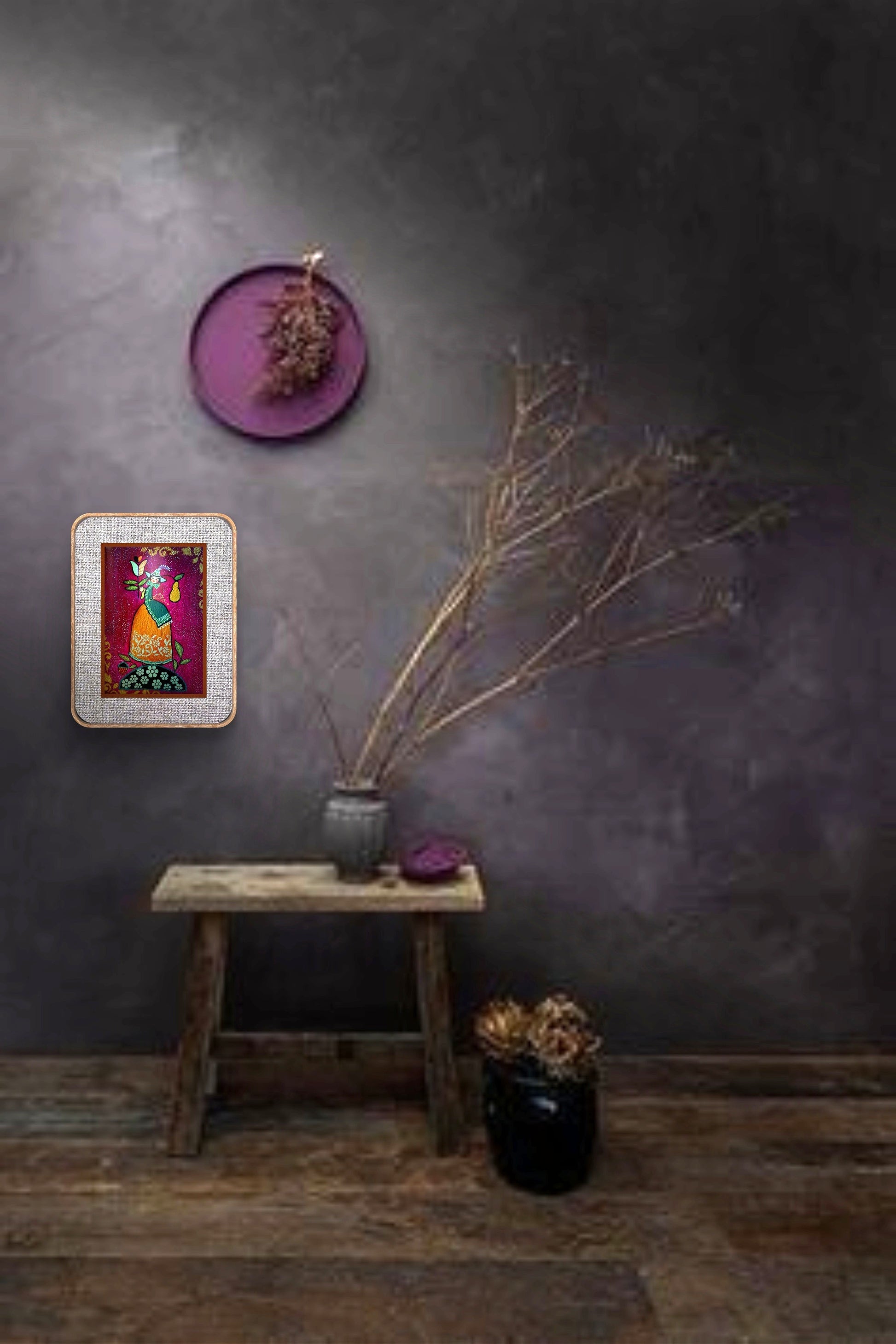 Folk Lady Tablo El Yapımı Ahşap Üzerine Akrilik Duvar Dekoru