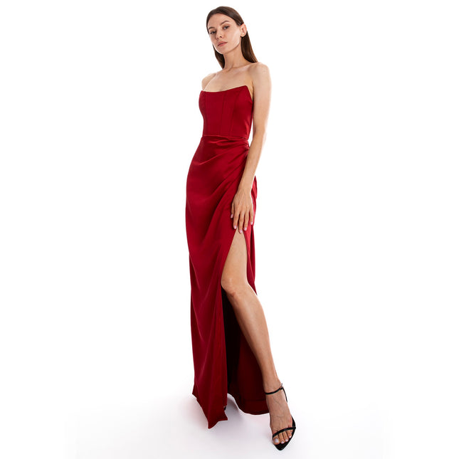 Gaia Uzun Straplez Kırmızı Korse Abiye Elbise
