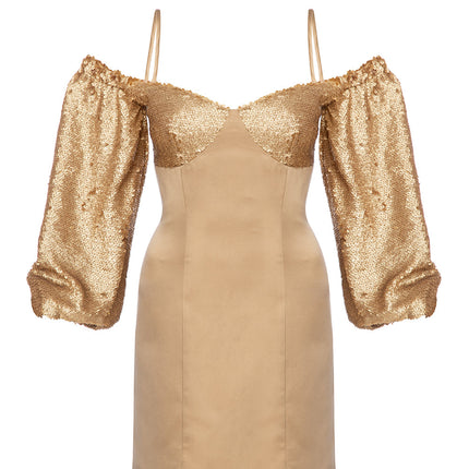Gold Payetli Düşük Omuzlu Elbise Tina-Elbise-PETRA PETROVA-XS-NowShopFun
