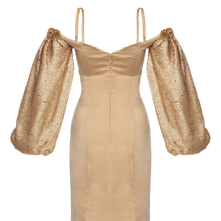 Gold Payetli Düşük Omuzlu Elbise Tina-Elbise-PETRA PETROVA-XS-NowShopFun