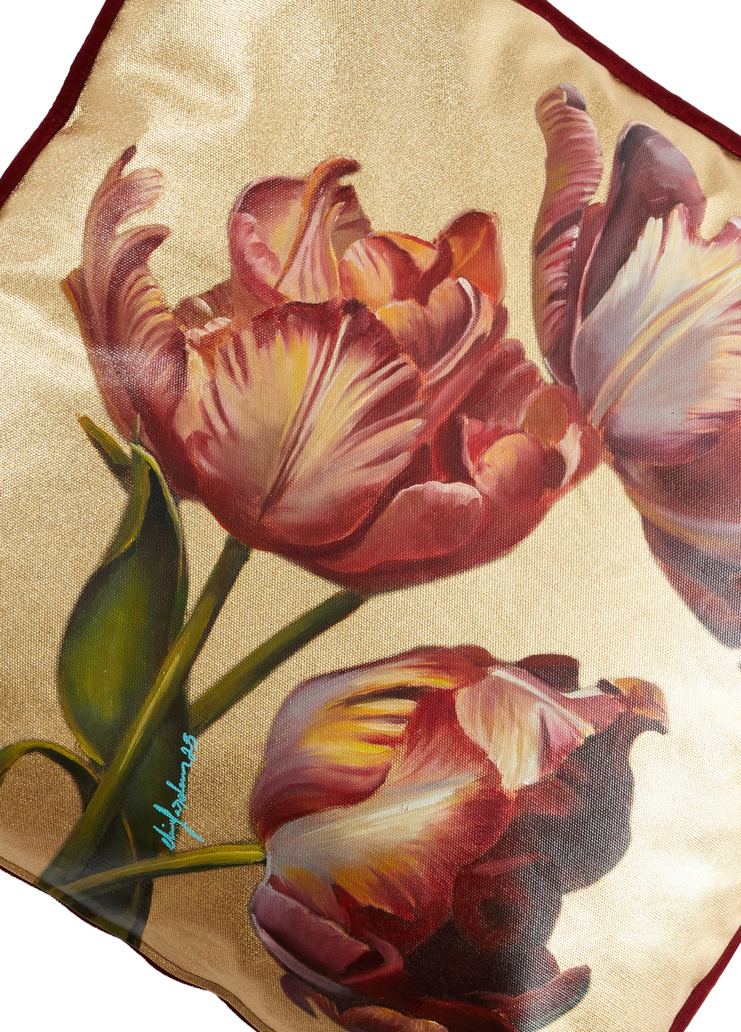 Gold Tulip Desenli Keten Dekoratif Kırlent