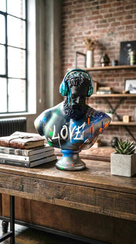 DJ Herkül Heykeli | 60 cm Mavi Krom Kulaklıklı LOVE Pop Art | Koleksiyon Figürü