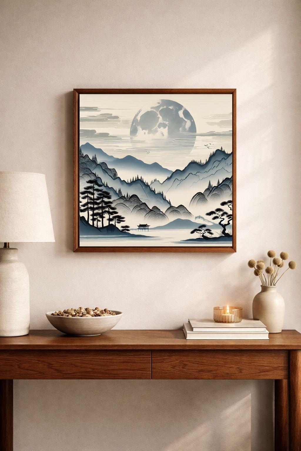 Hidden Valley Çerçeveli Tablo, doğal tonlardaki iç mekanda sergilenmiş, Japon manzarasıyla sakinlik ve estetik uyum sağlayan dekoratif tablo. Zen tarzı ev dekorasyonu için ideal bir sanat eseri.