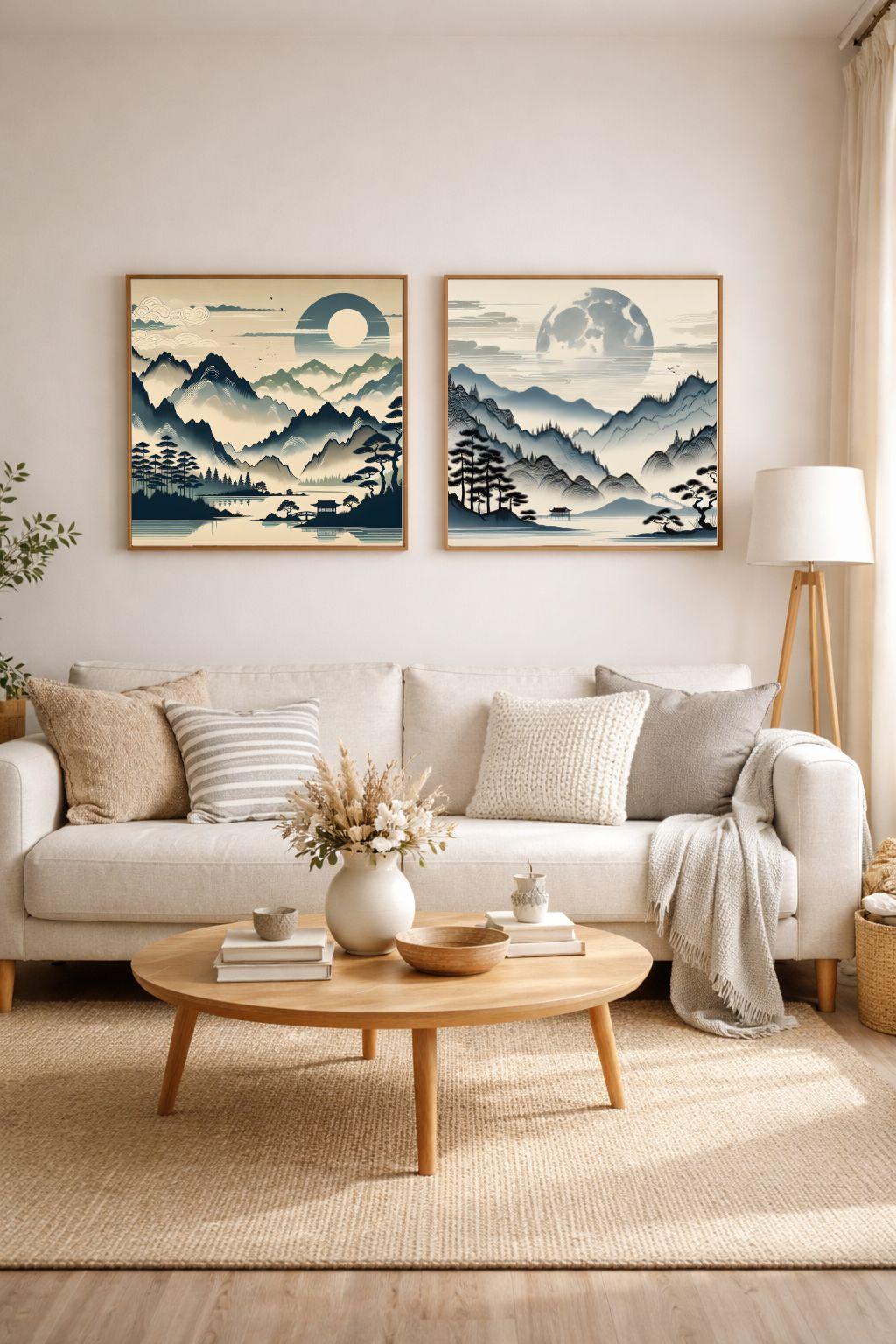 Hidden Valley Çerçeveli Tablo, bej tonlarında dekore edilmiş salonda Japon manzara serisiyle birlikte sergilenmiş, minimalist ve doğal ev dekorasyonu için ideal. Wabi-sabi tarzında çerçeveli sanat eseri.