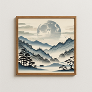Hidden Valley Çerçeveli Tablo, dolunaylı minimalist Japon manzarasıyla Zen estetiğini yansıtan wabi-sabi tarzında sanat eseri. Ukiyo-e ve Shin-hanga etkili bu tablo, huzur verici dağ ve göl kompozisyonuyla dekoratif bir atmosfer sunar.