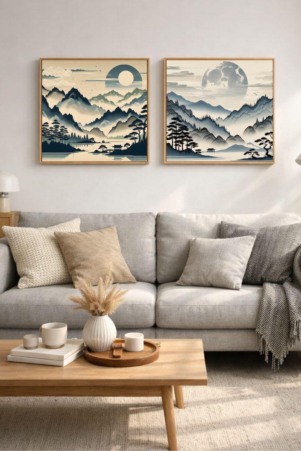 İkili Japon minimalist manzara tabloları, Ikigai Çerçeveli Tablo ile uyumlu oturma odası dekorasyonu, doğal tonlarda iç mekan.
