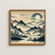 Ikigai Çerçeveli Tablo - Japon minimalist manzara tablosu, dağlar ve göl manzaralı, ahşap çerçeveli dekoratif duvar sanatı.