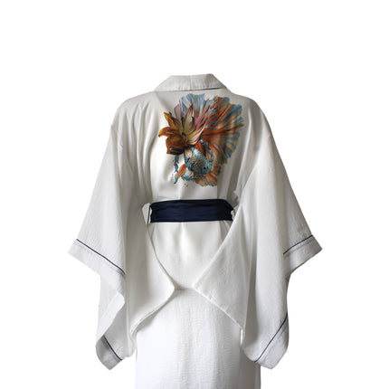 Beyaz Renk %100 Ham Keten Lacivert Biyeli Kare Kol Kimono Sabahlık