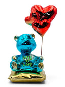 Love Is Love Ayıcık Heykeli | Mavi Krom Kalp Balonlu Dekoratif Pop Art Obje