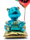 Love Is Love Ayıcık Heykeli | Mavi Krom Kalp Balonlu Dekoratif Pop Art Obje