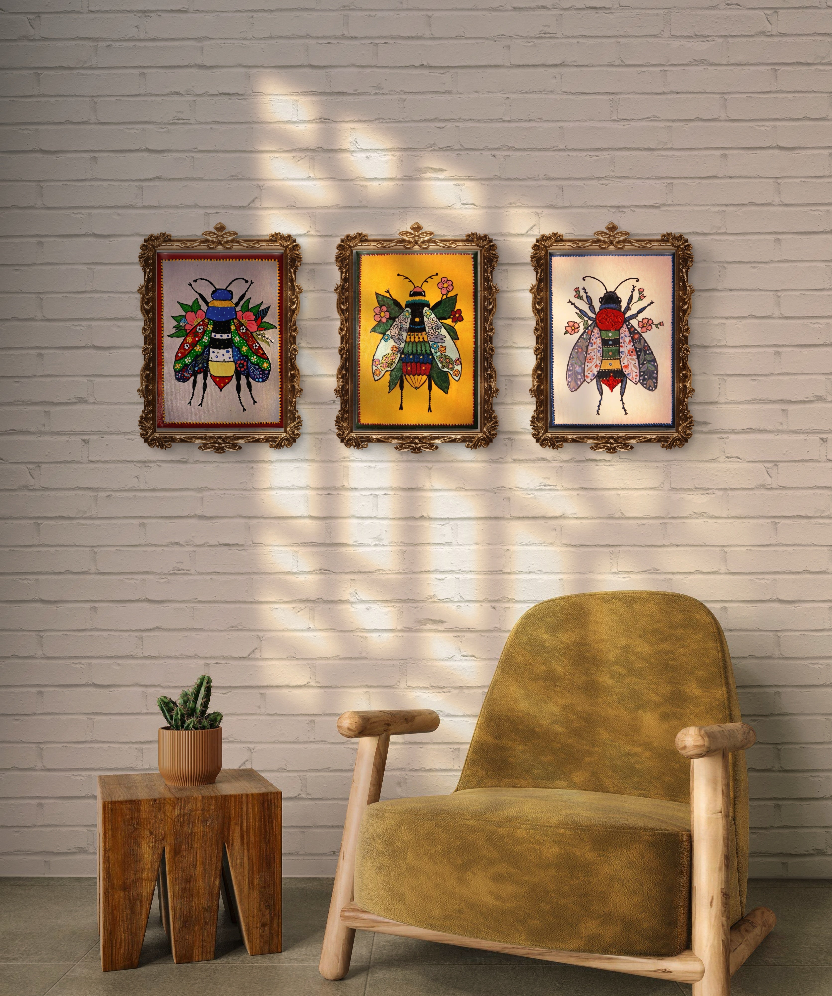 İpek Böceği Üçlemesi Tablo El Yapımı Ahşap Üzerine Akrilik Duvar Dekoru