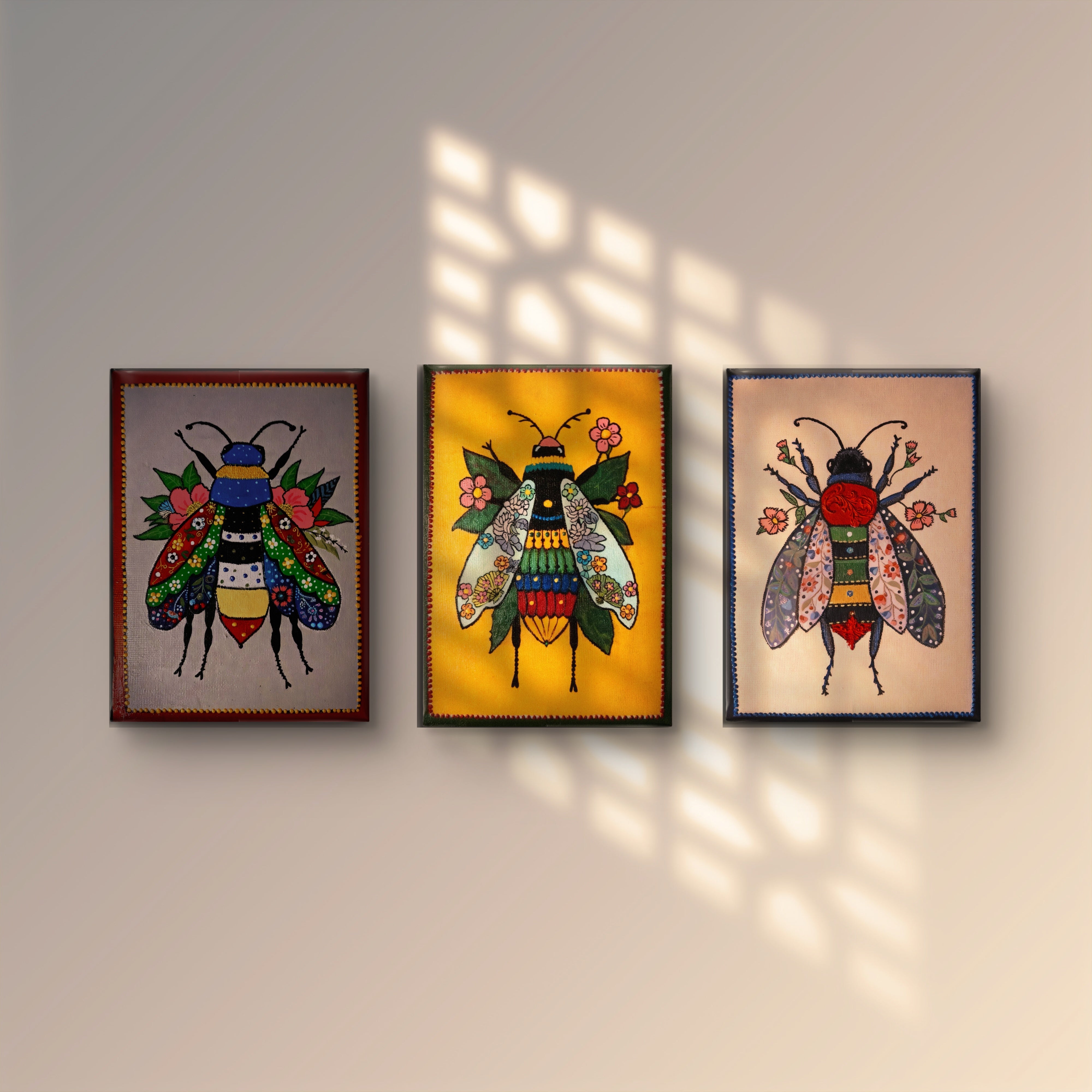 İpek Böceği Üçlemesi Tablo El Yapımı Ahşap Üzerine Akrilik Duvar Dekoru