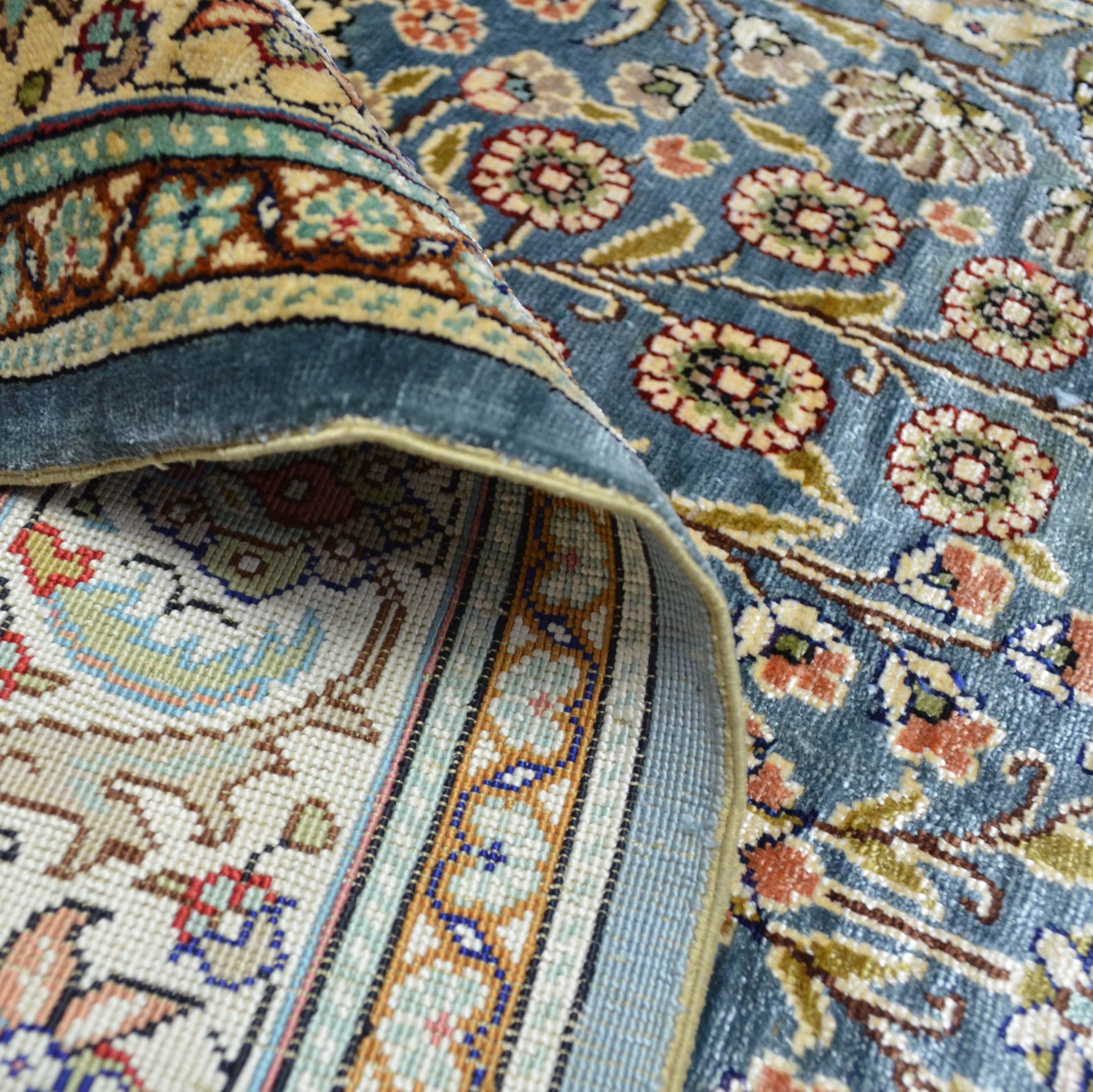 İpekten El Dokuma Çelik Mavisi Kayseri Halısı Yolluk 85x220 cm-Kilim & Halı-KilimCo-NowShopFun