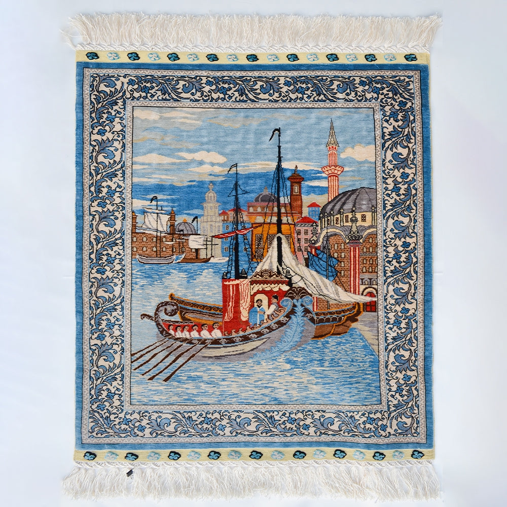 Kayıklı Cami Desenli Saf İpek El Dokuma Duvar Halısı (53x66 Cm)