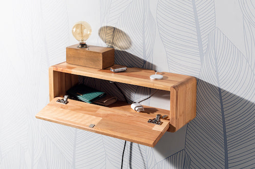 Kayın Ağacı Kapaklı Duvar Rafı ve Kablo Düzenleyici, Açık Kahve