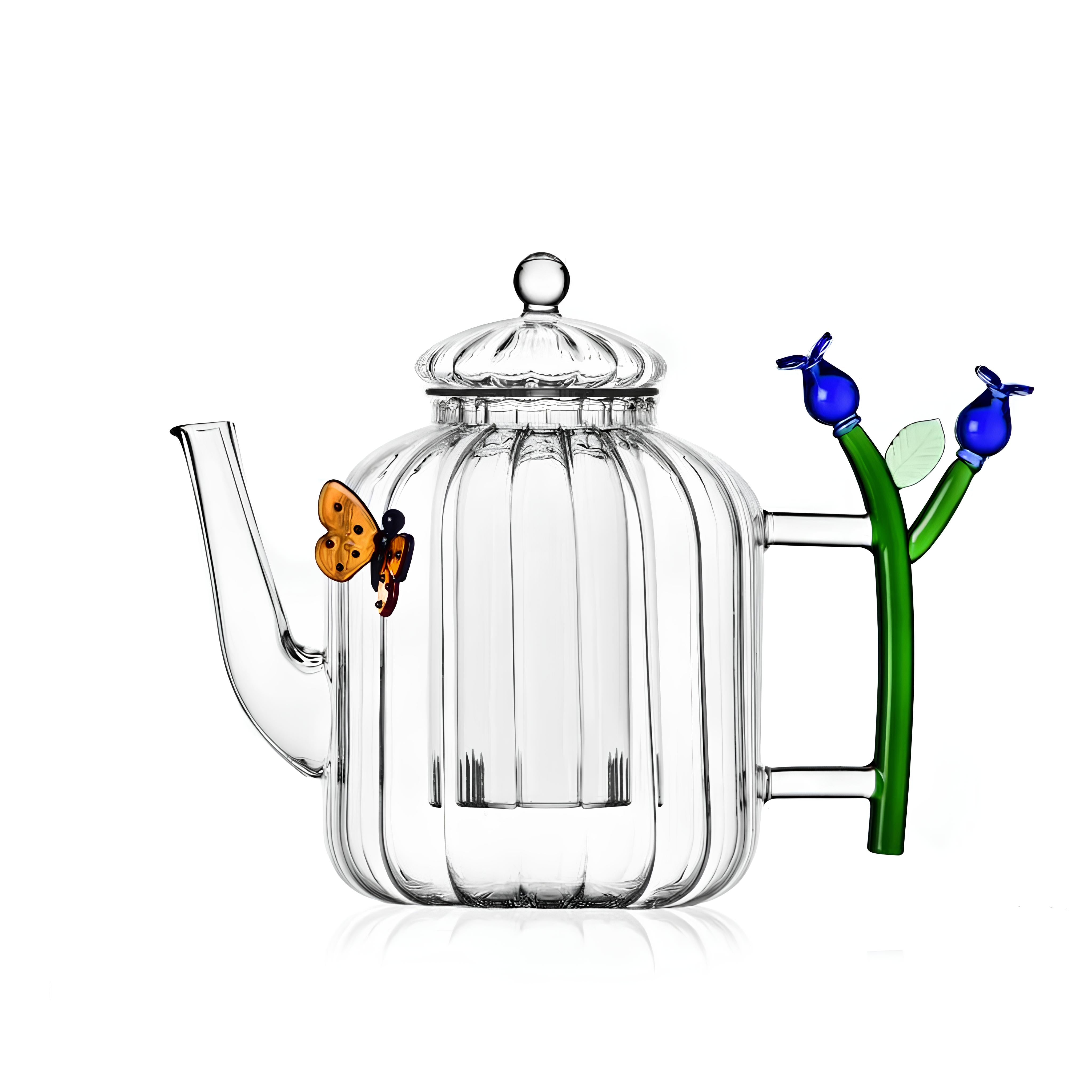 Kelebek Ve Çiçek Figürlü Cam Teapot