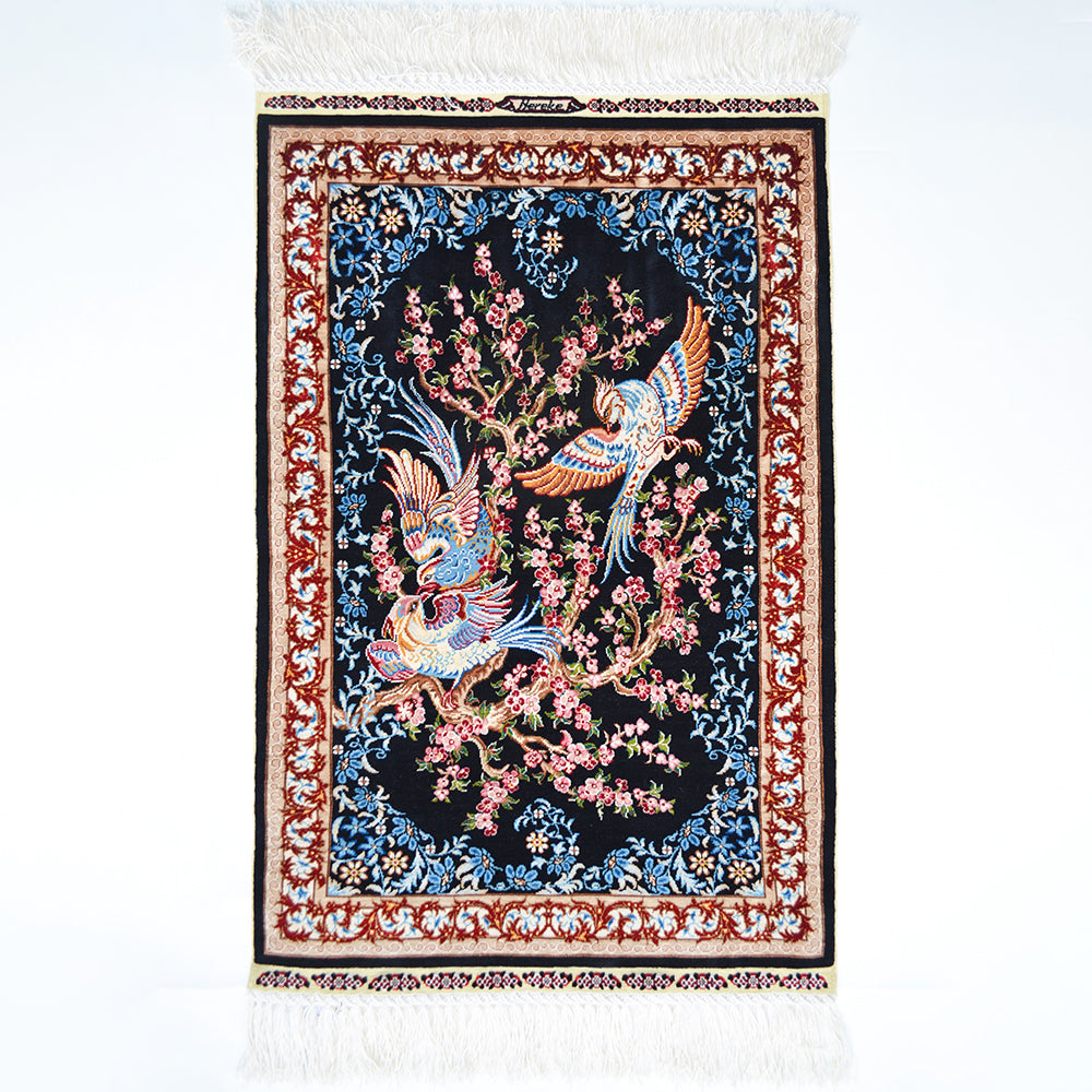 Kuş Motifli Saf İpek El Dokuma Duvar Halısı (50x77 Cm)
