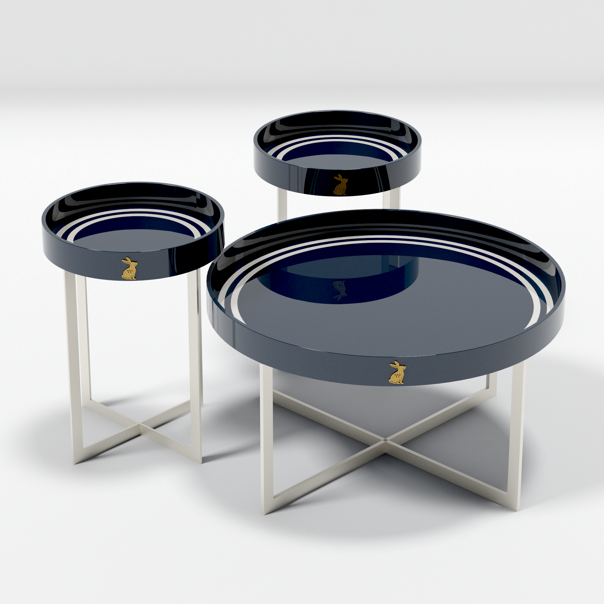 Lacivert Beyaz Üçlü Sehpa