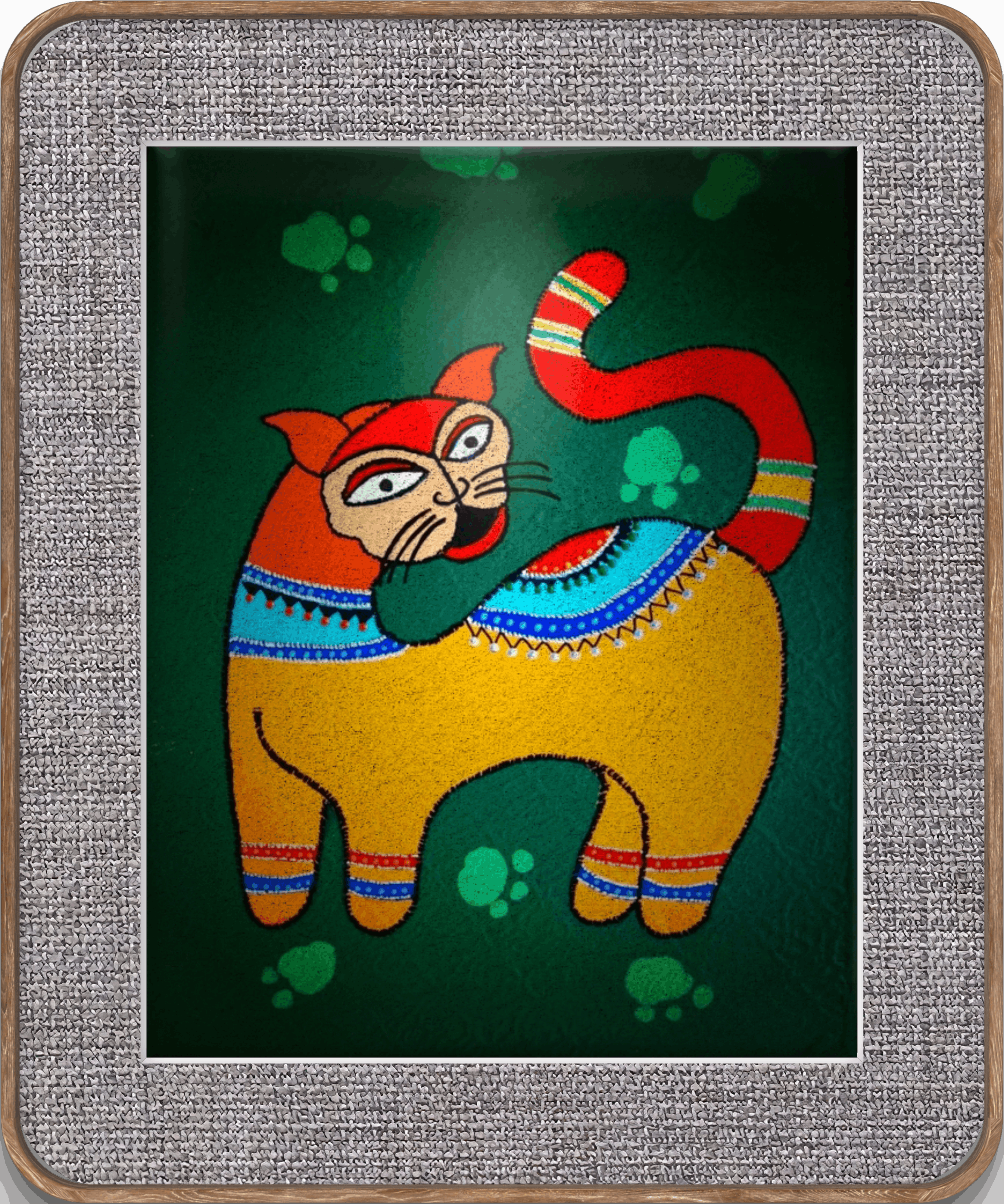 Madhubani Kedi Tablo El Yapımı Ahşap Üzerine Akrilik Duvar Dekoru