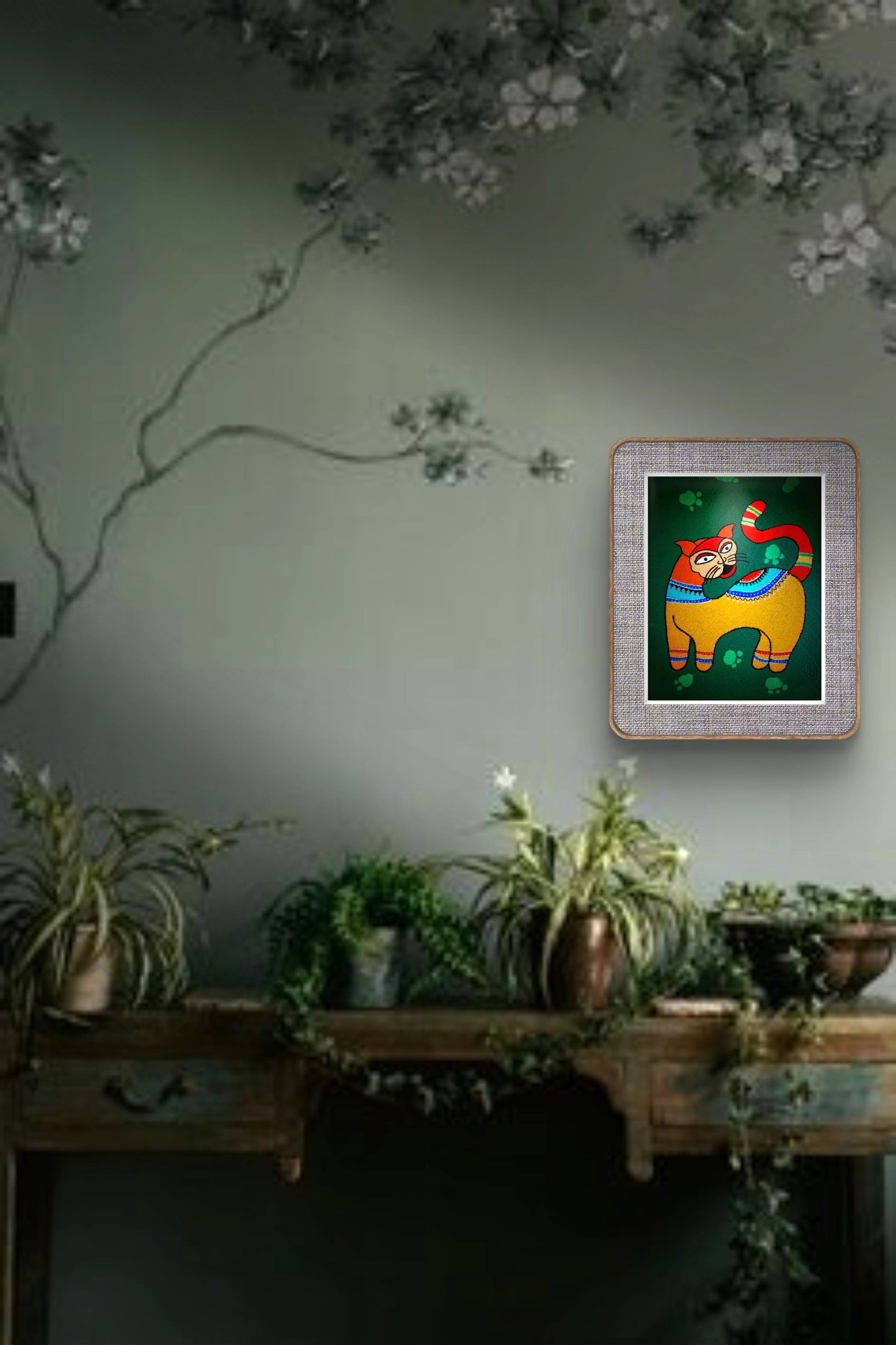 Madhubani Kedi Tablo El Yapımı Ahşap Üzerine Akrilik Duvar Dekoru