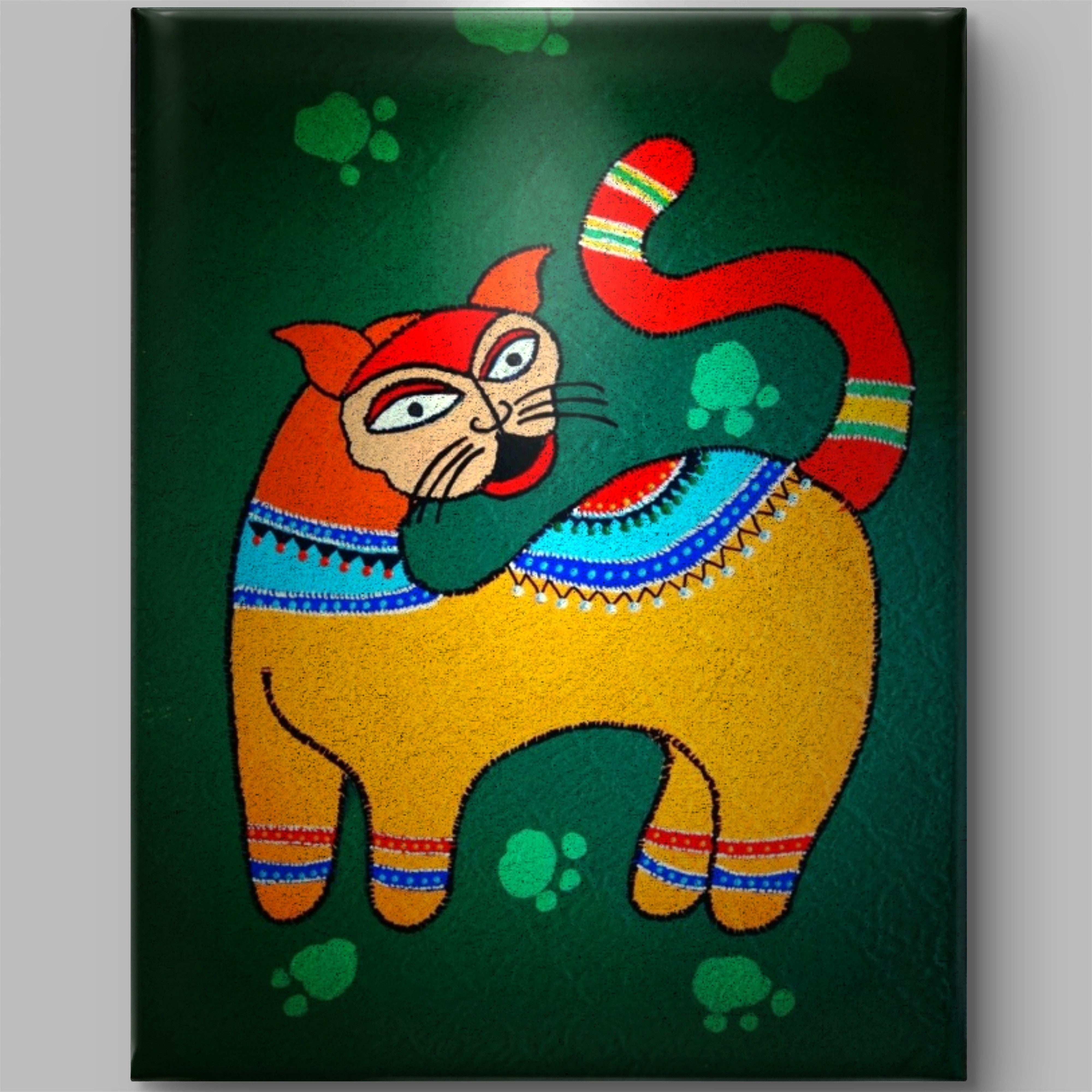 Madhubani Kedi Tablo El Yapımı Ahşap Üzerine Akrilik Duvar Dekoru