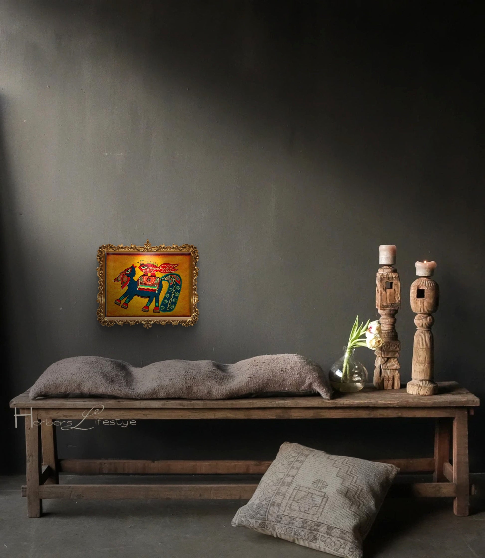 Madhubani Midilli Tablo El Yapımı Ahşap Üzerine Akrilik Duvar Dekoru