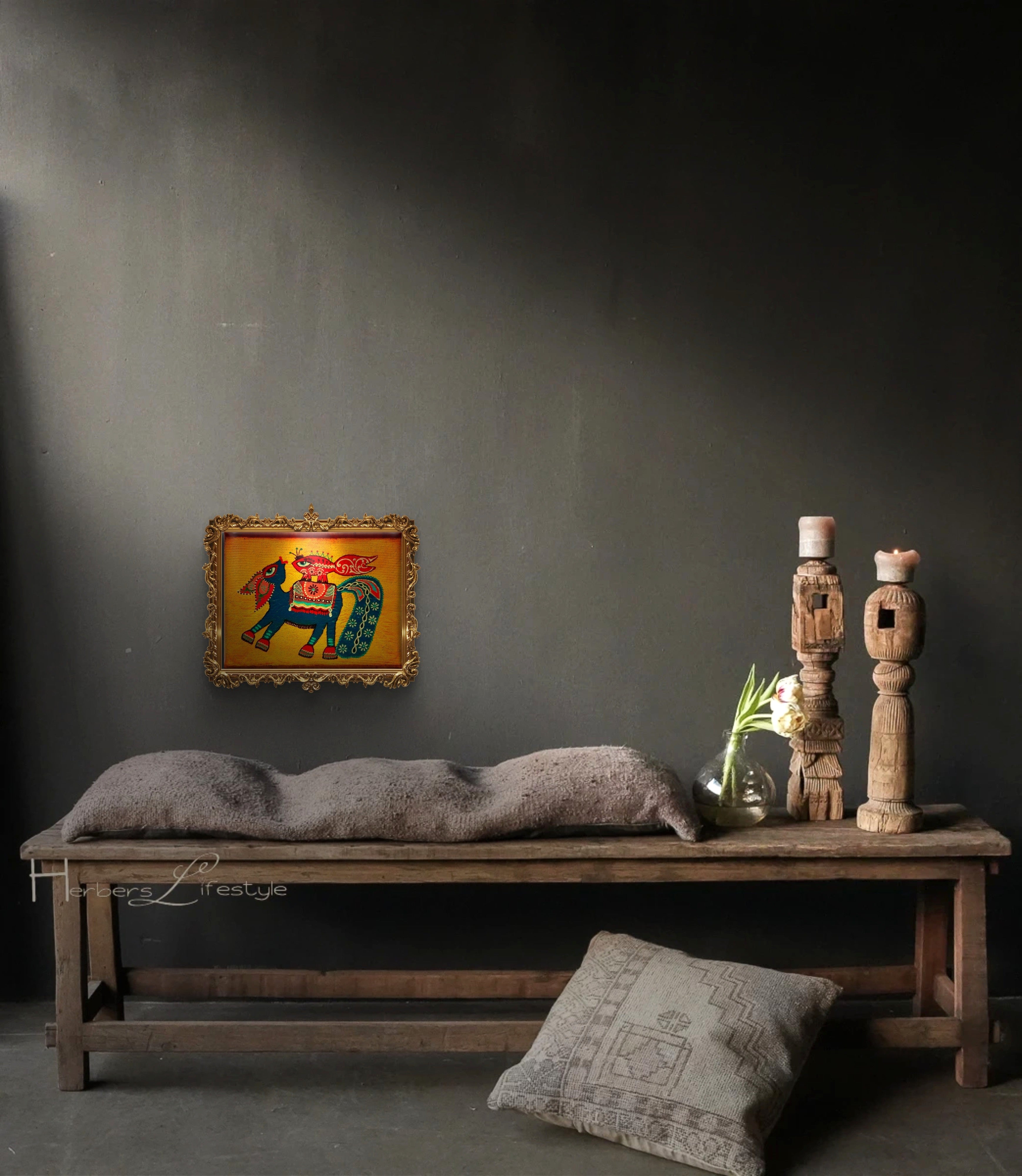 Madhubani Midilli Tablo El Yapımı Ahşap Üzerine Akrilik Duvar Dekoru