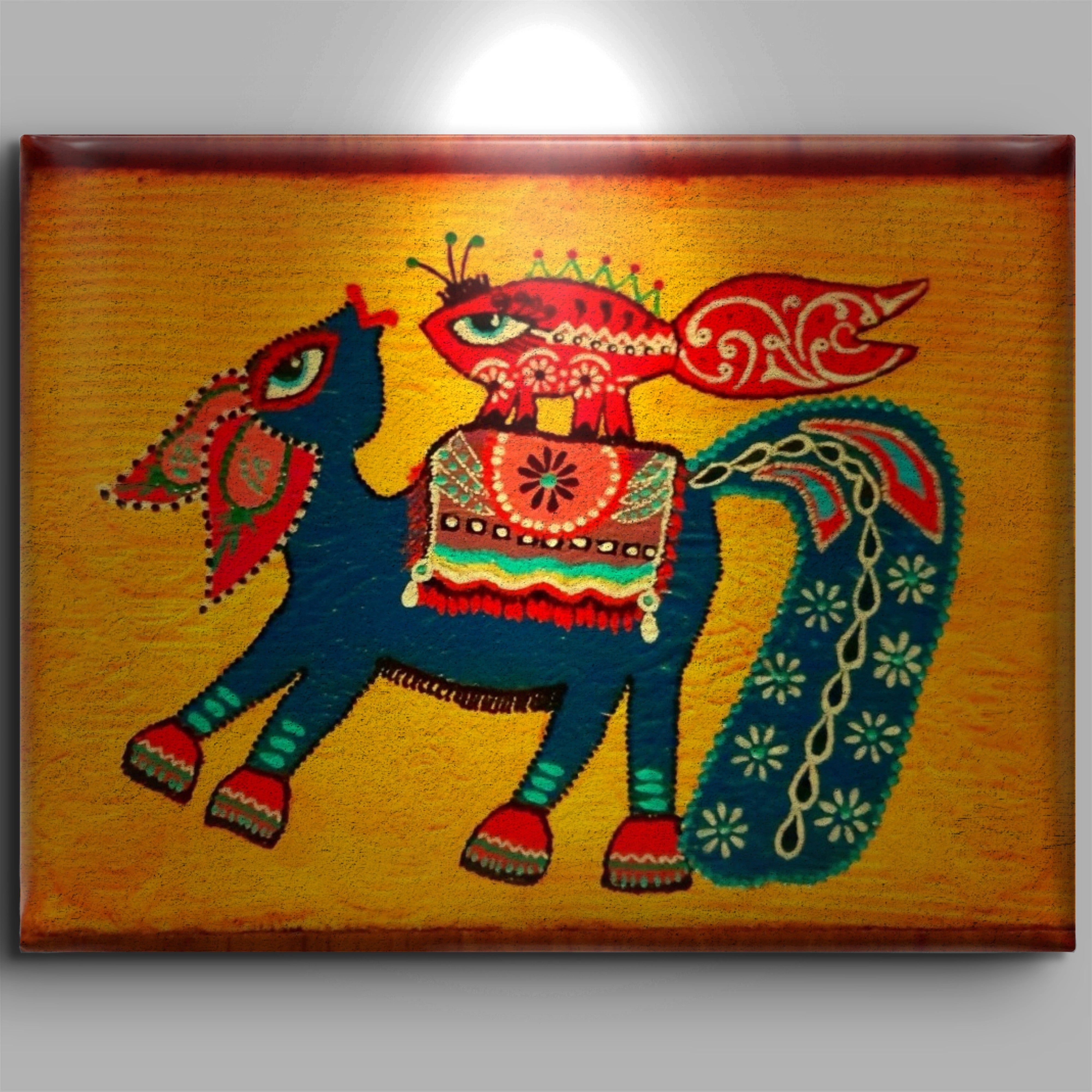 Madhubani Midilli Tablo El Yapımı Ahşap Üzerine Akrilik Duvar Dekoru