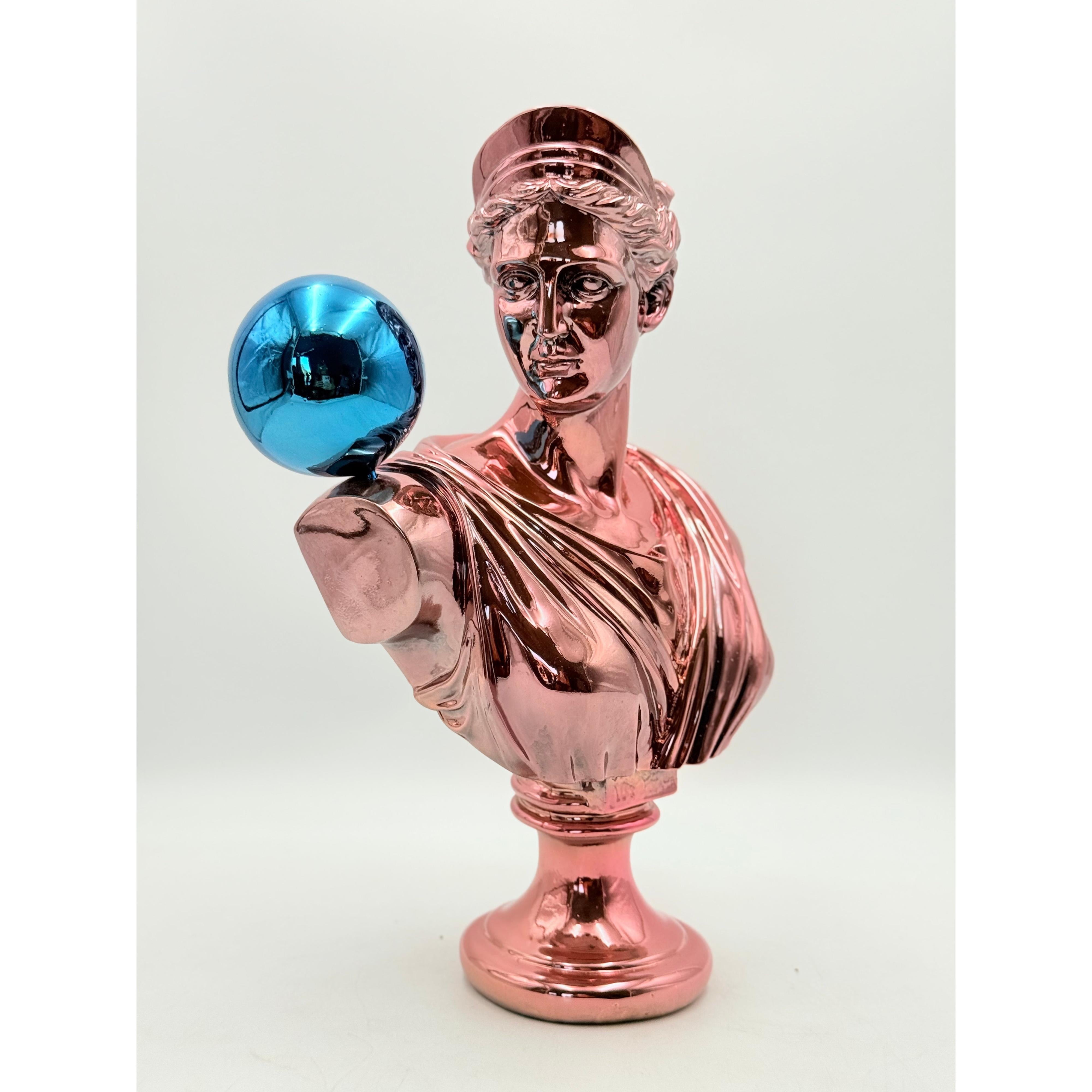 Mavi Balon Detaylı Bebek Pembe Krom Artemis Heykeli