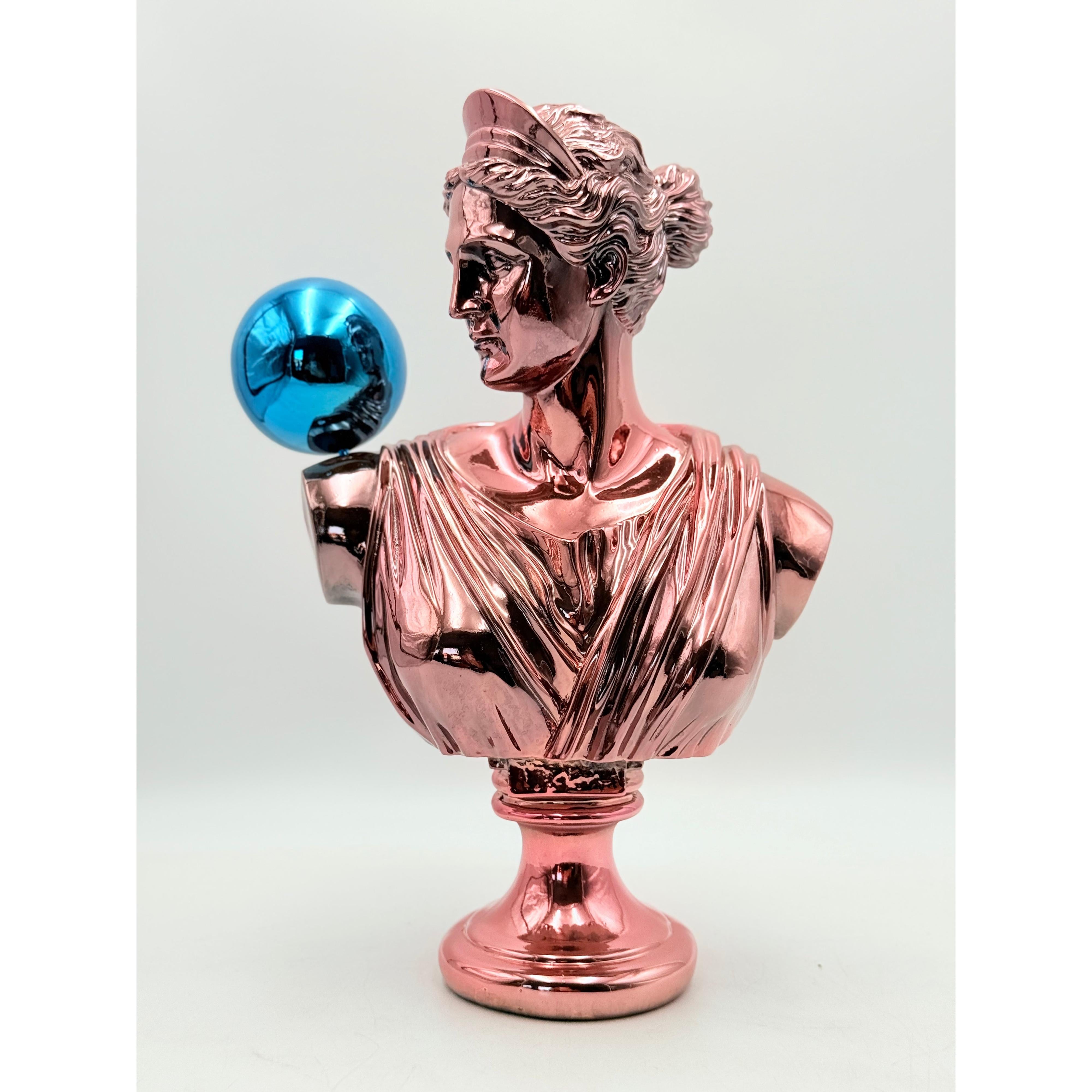 Mavi Balon Detaylı Bebek Pembe Krom Artemis Heykeli
