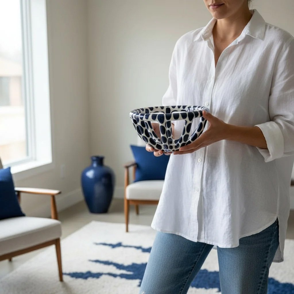 Mavi Benekli Seramik Sepet