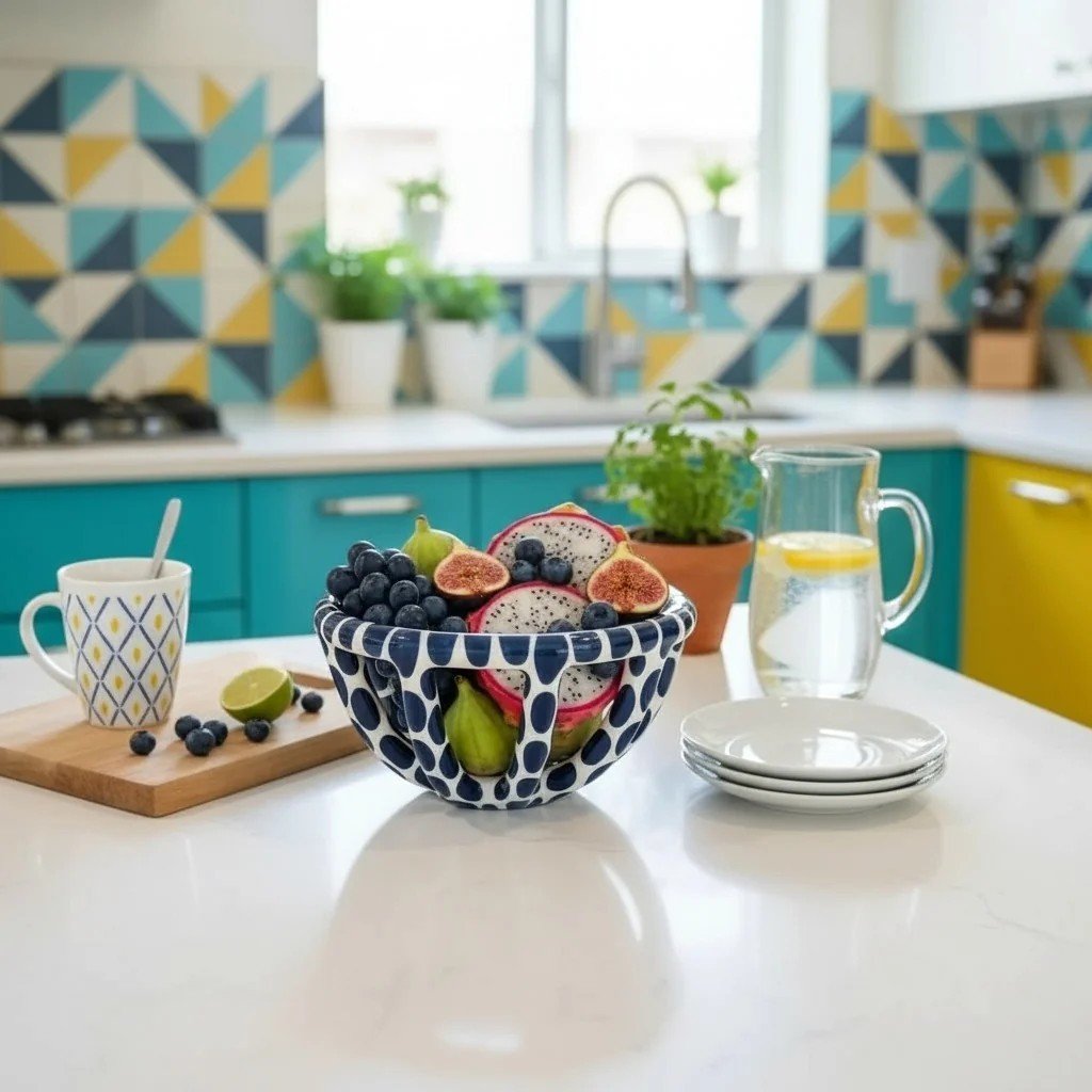 Mavi Benekli Seramik Sepet