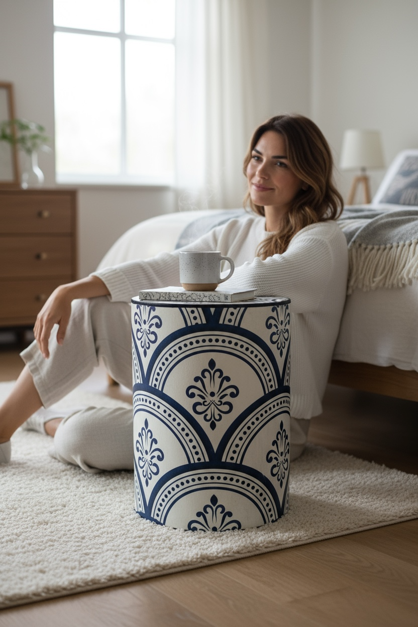 Mavi Desenli Mas Ahşap Sehpa-Yan Sehpa-Box Co Concept-NowShopFun