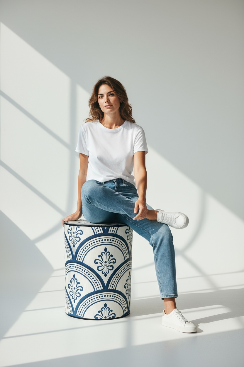 Mavi Desenli Mas Ahşap Sehpa-Yan Sehpa-Box Co Concept-NowShopFun