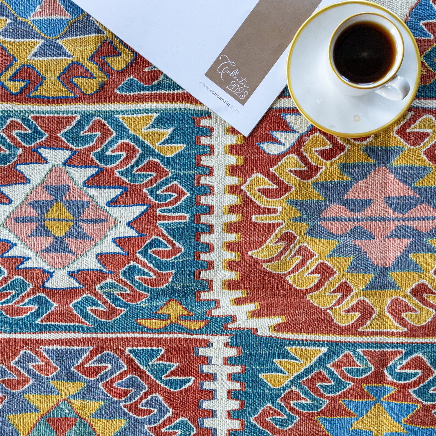Mimoza Etnik Desenli El Dokuma Yün Kavak Kilim 111x125 cm-Kilim-Soho Antiq-NowShopFun