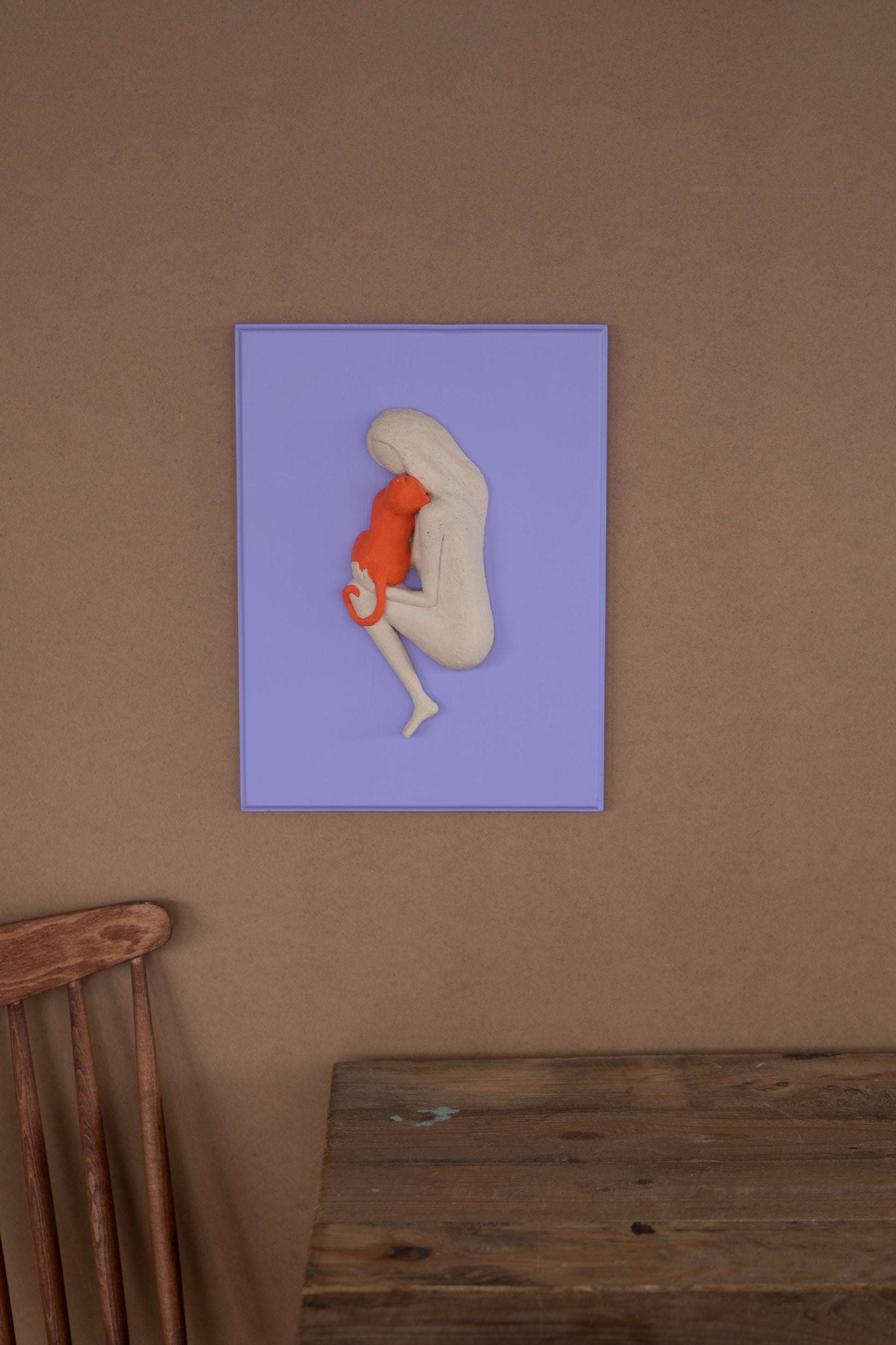 Mor Ve Turuncu Dopamin Dekor Seramik Duvar Panosu Kedi Figürlü