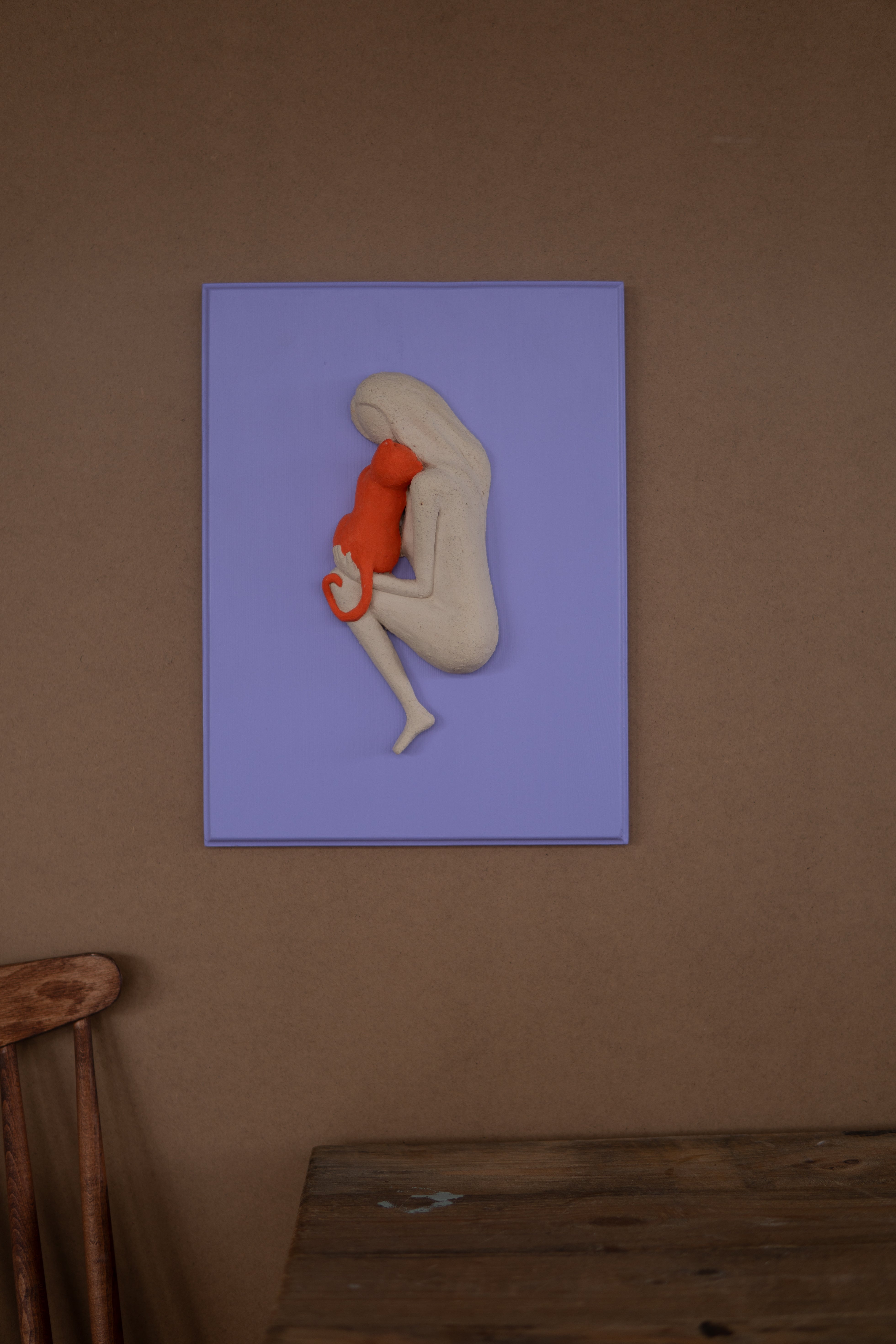 Mor Ve Turuncu Dopamin Dekor Seramik Duvar Panosu Kedi Figürlü