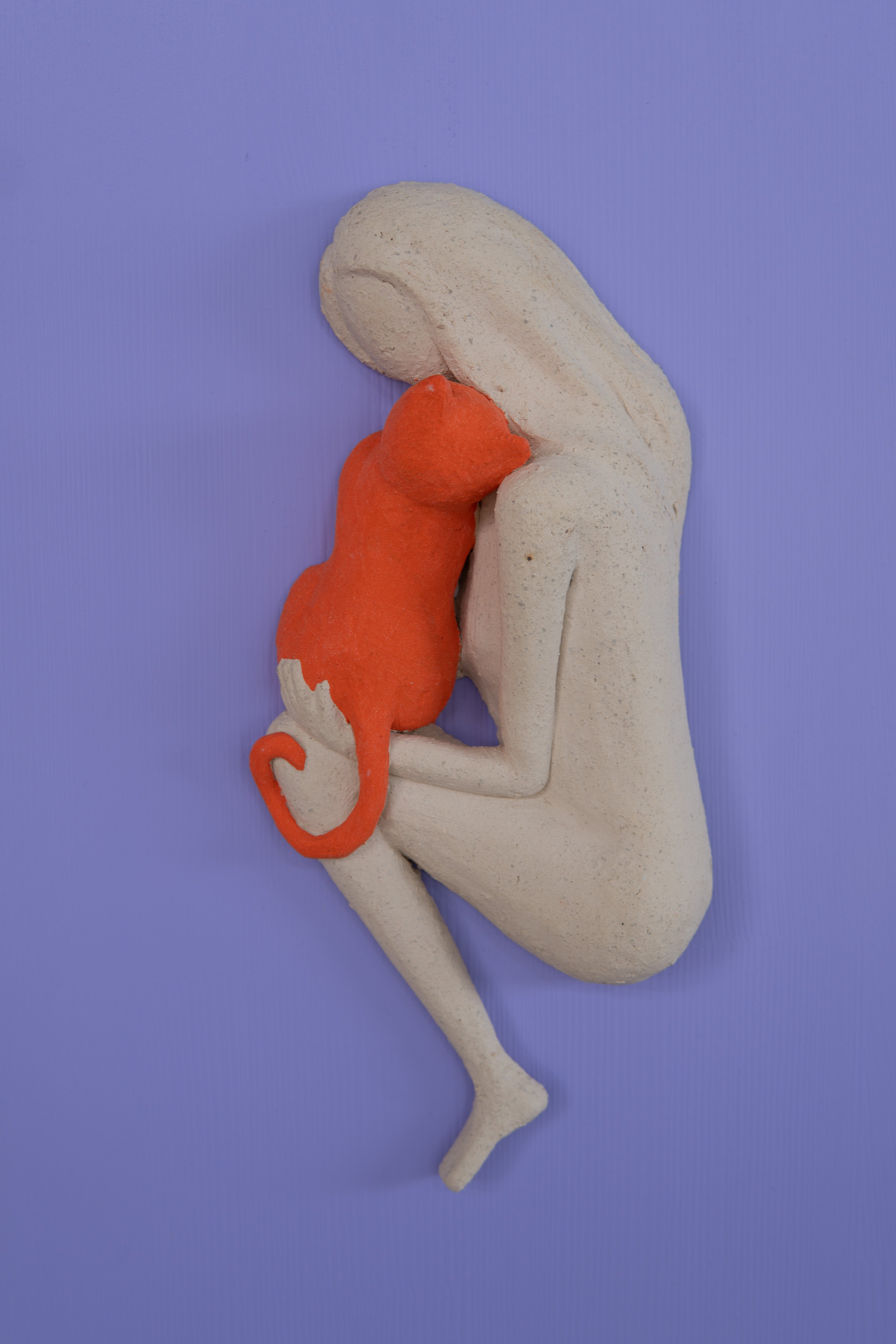 Mor Ve Turuncu Dopamin Dekor Seramik Duvar Panosu Kedi Figürlü