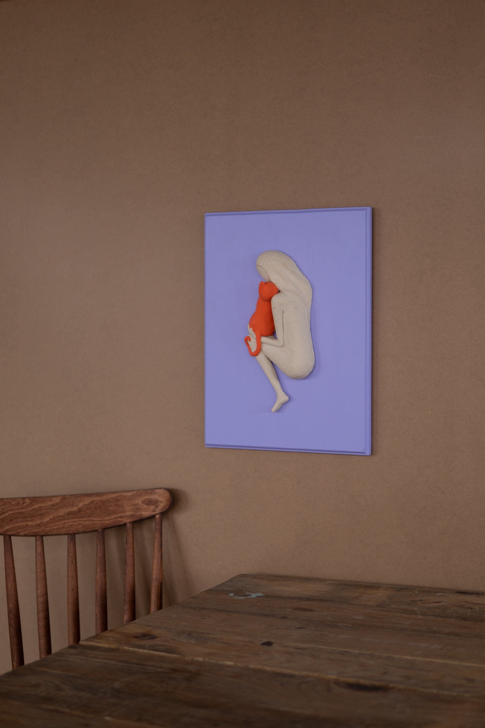 Mor Ve Turuncu Dopamin Dekor Seramik Duvar Panosu Kedi Figürlü