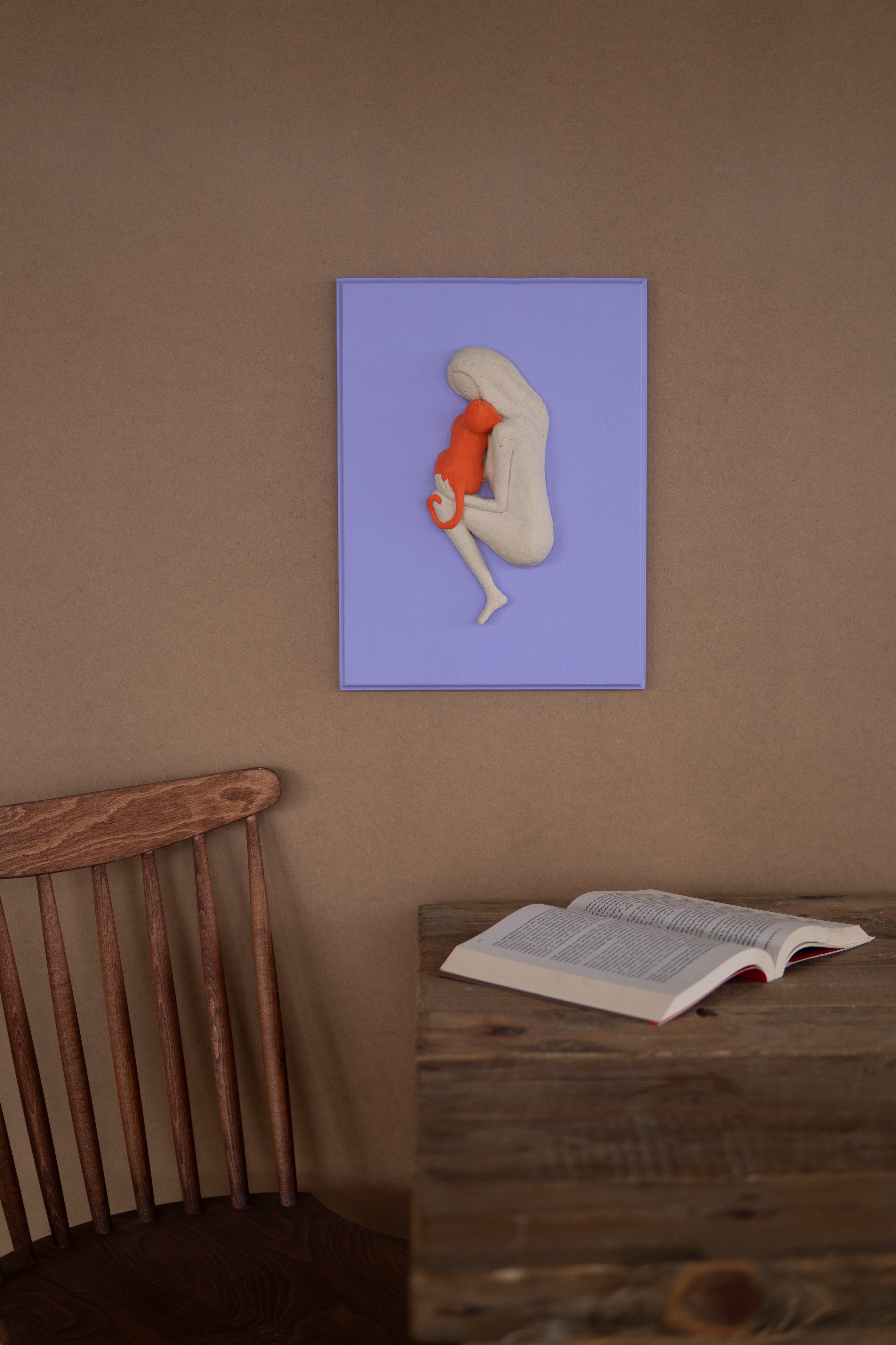 Mor Ve Turuncu Dopamin Dekor Seramik Duvar Panosu Kedi Figürlü