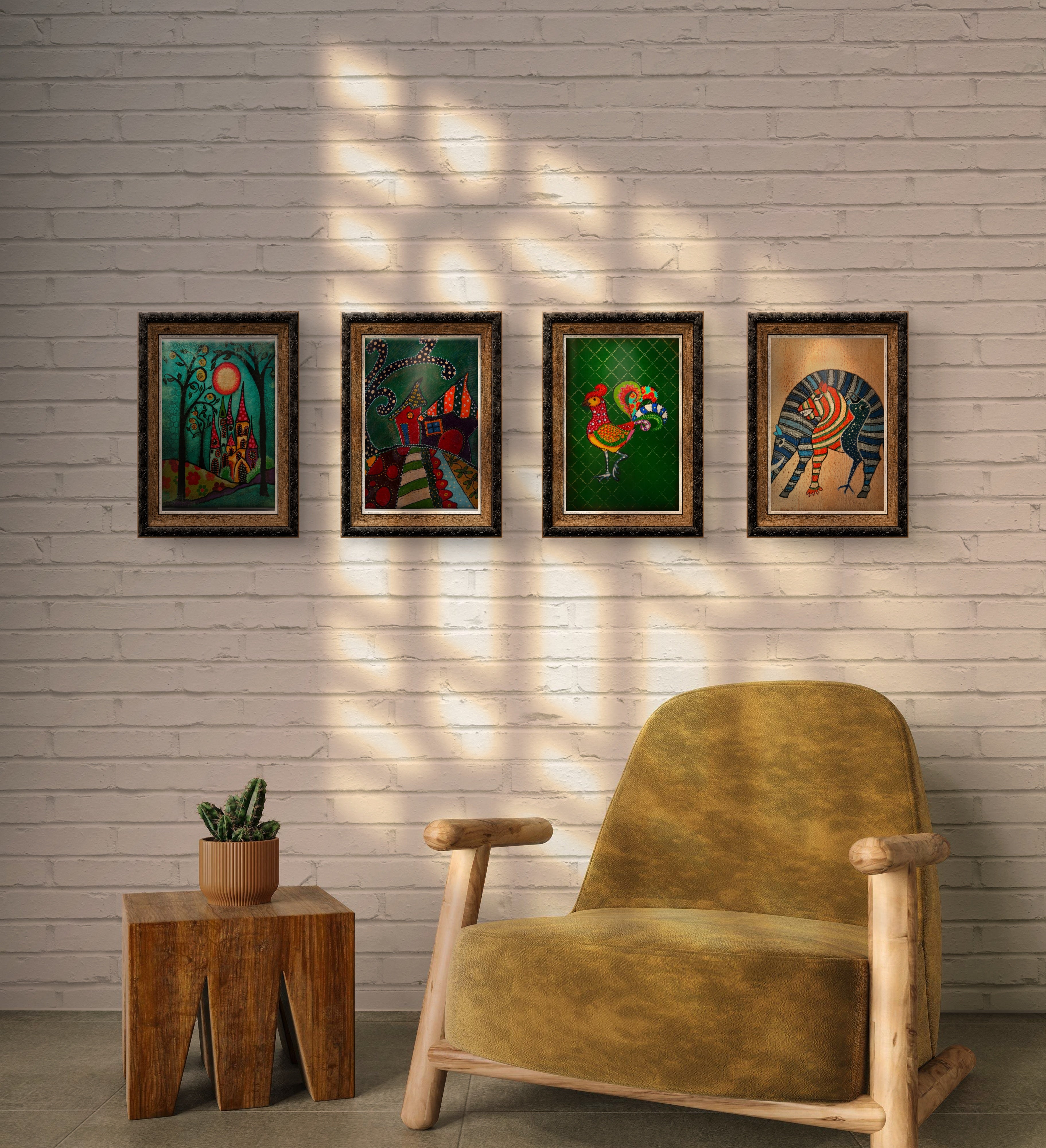 Naif Ev 2 Tablo El Yapımı Ahşap Üzerine Akrilik Duvar Dekoru