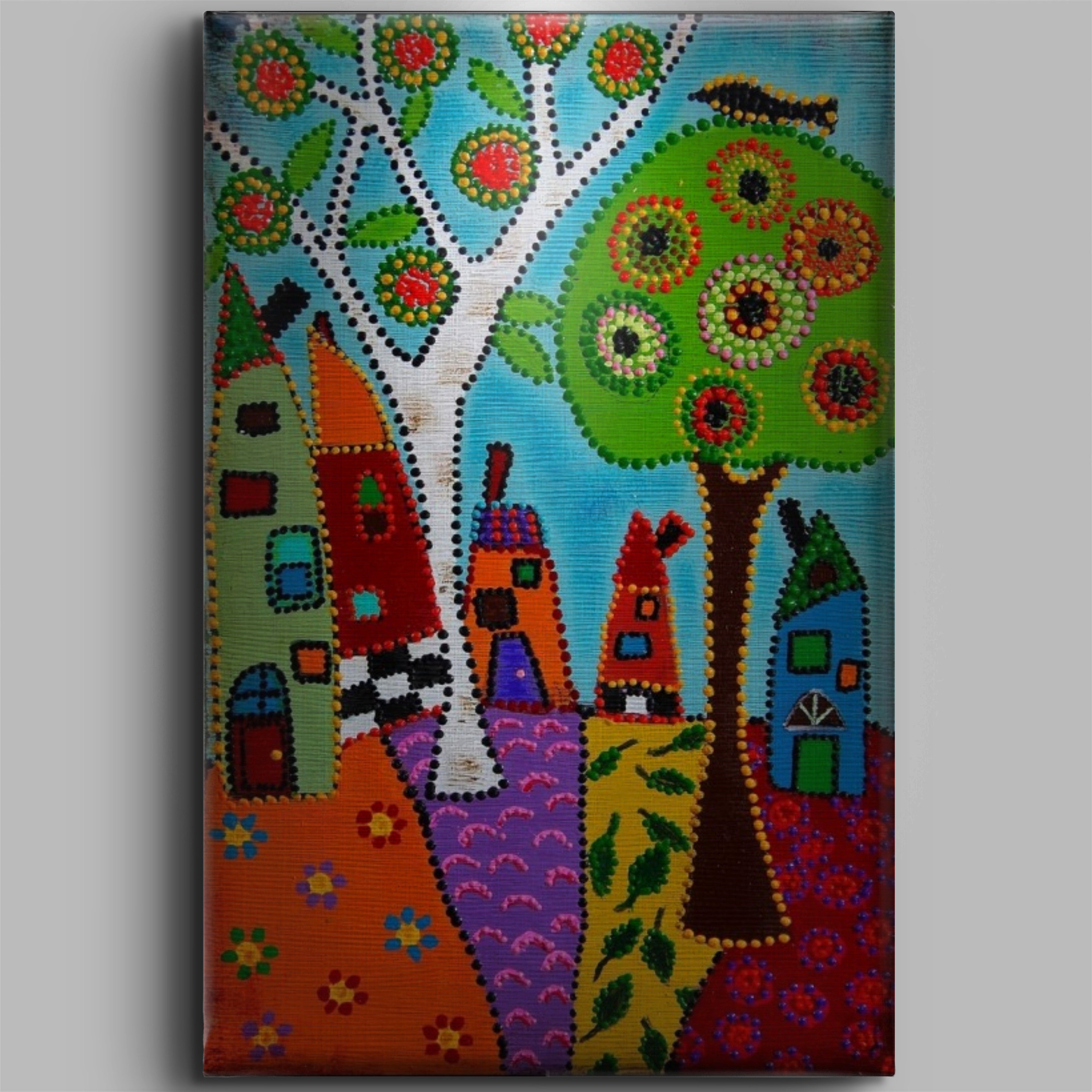 Naif Ev 2 Tablo El Yapımı Ahşap Üzerine Akrilik Duvar Dekoru