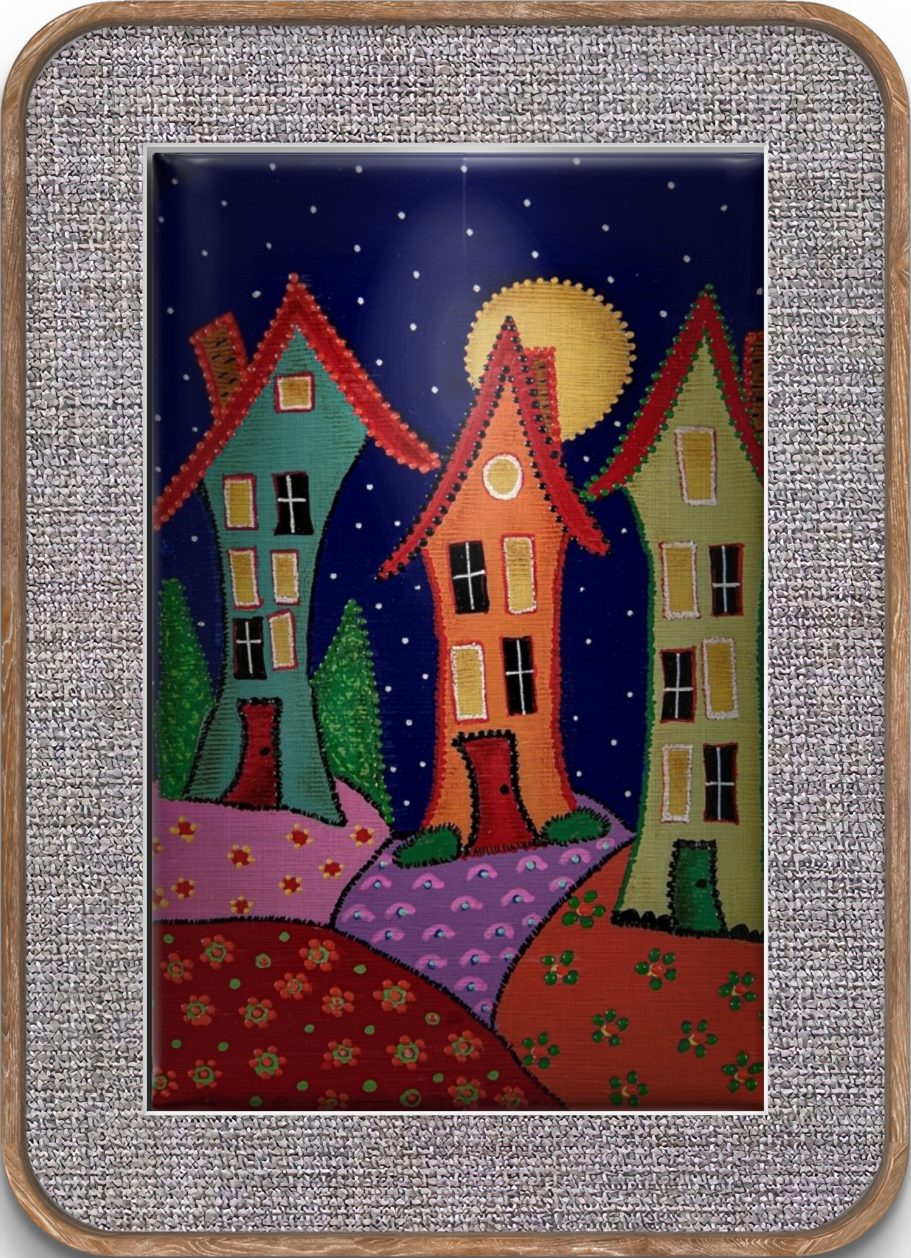 Naif Ev 3 Tablo El Yapımı Ahşap Üzerine Akrilik Duvar Dekoru