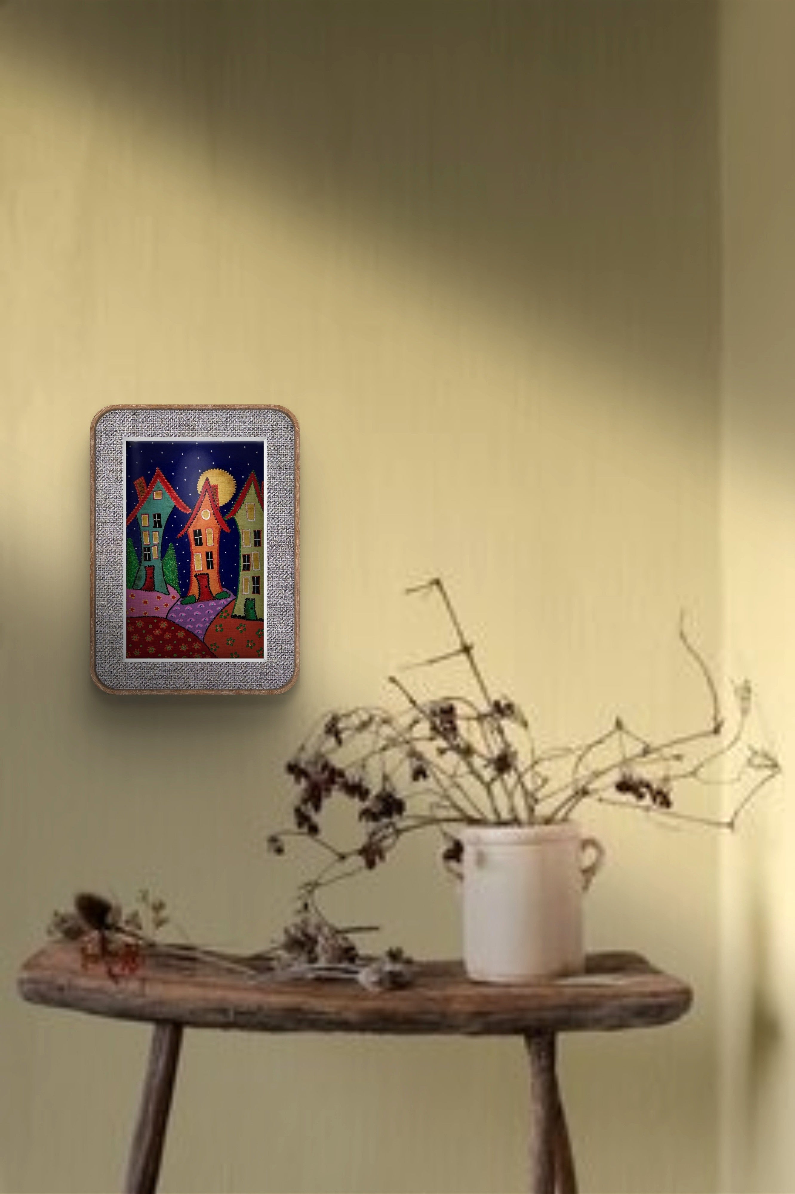 Naif Ev 3 Tablo El Yapımı Ahşap Üzerine Akrilik Duvar Dekoru