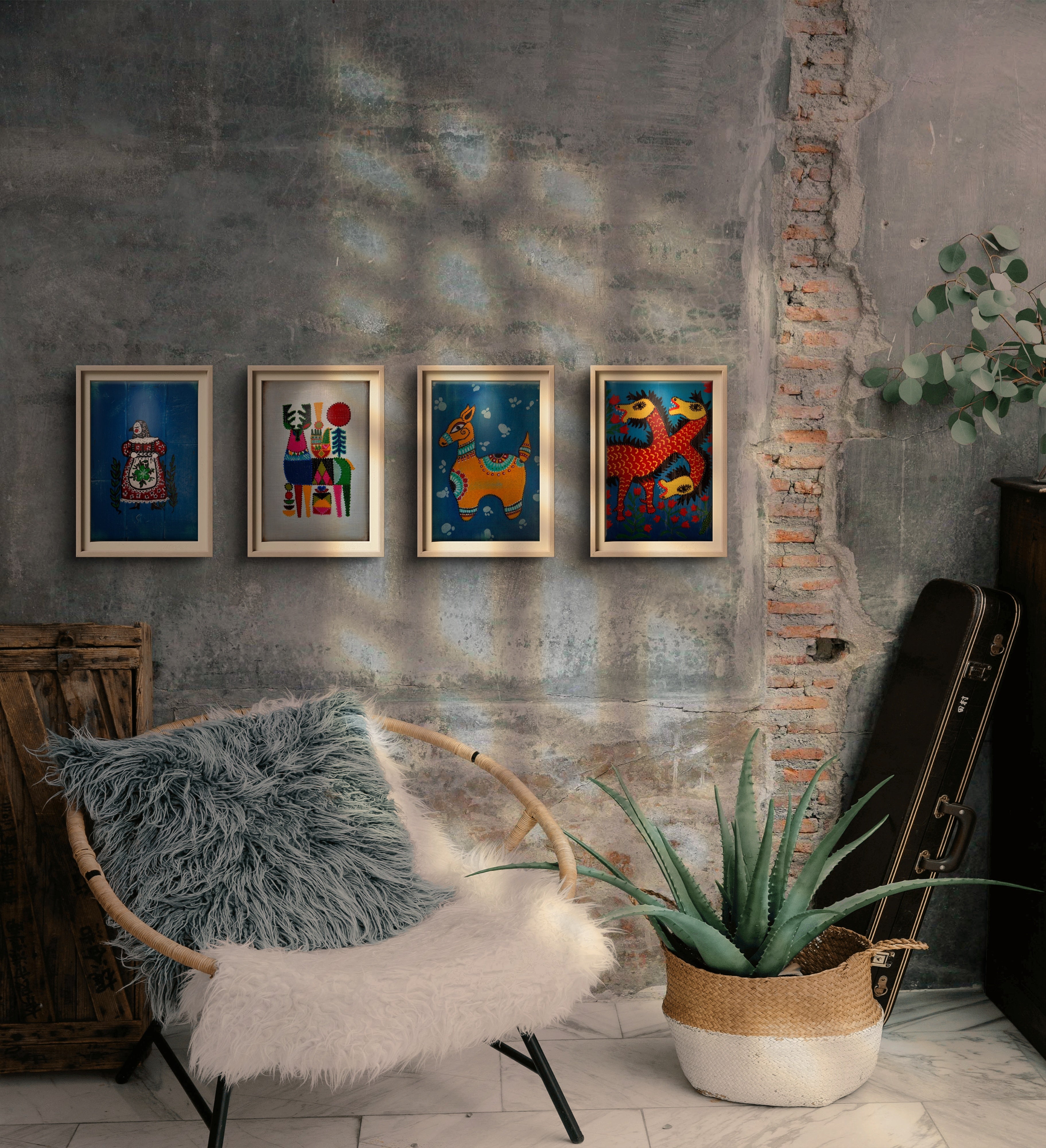 Naif Ev 3 Tablo El Yapımı Ahşap Üzerine Akrilik Duvar Dekoru