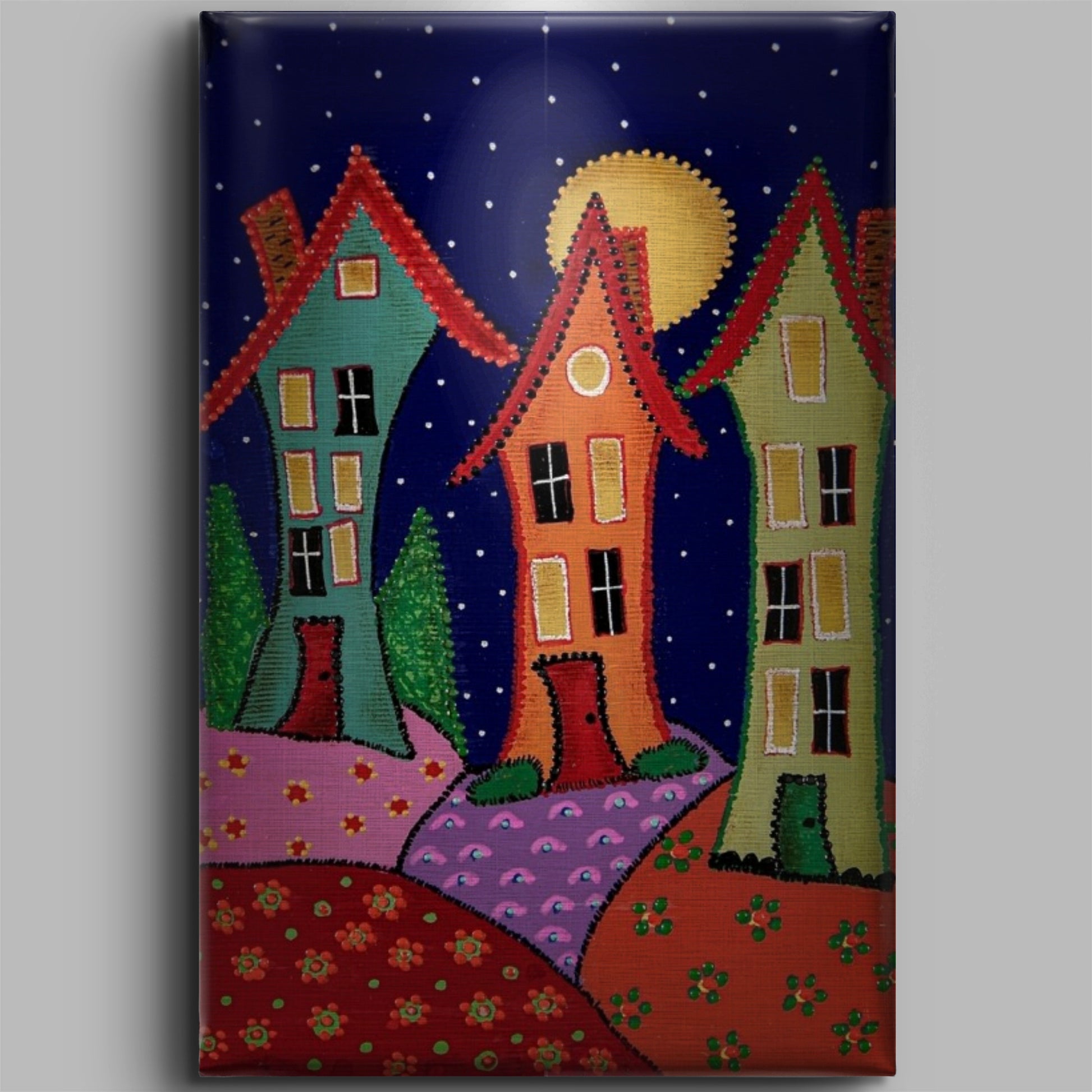 Naif Ev 3 Tablo El Yapımı Ahşap Üzerine Akrilik Duvar Dekoru