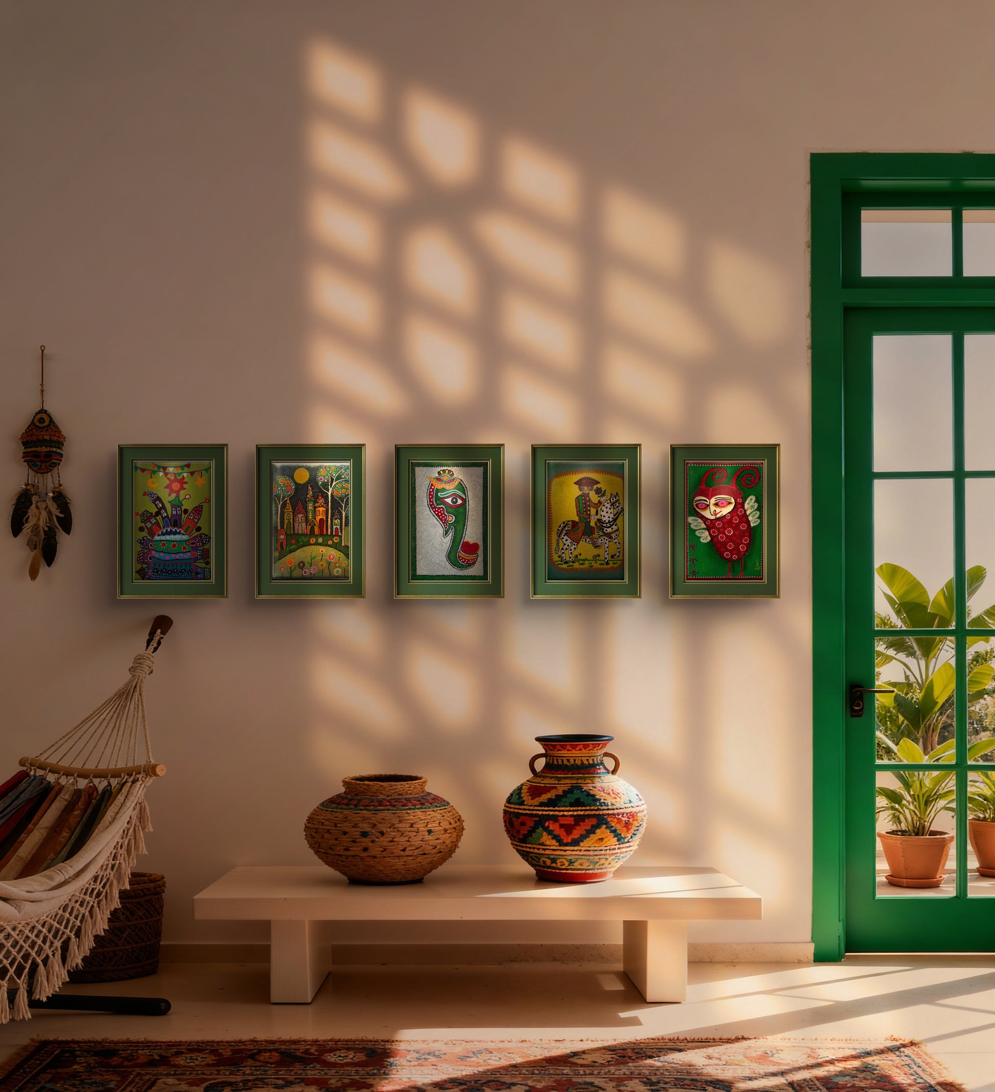 Naif Ev 4 Tablo El Yapımı Ahşap Üzerine Akrilik Duvar Dekoru