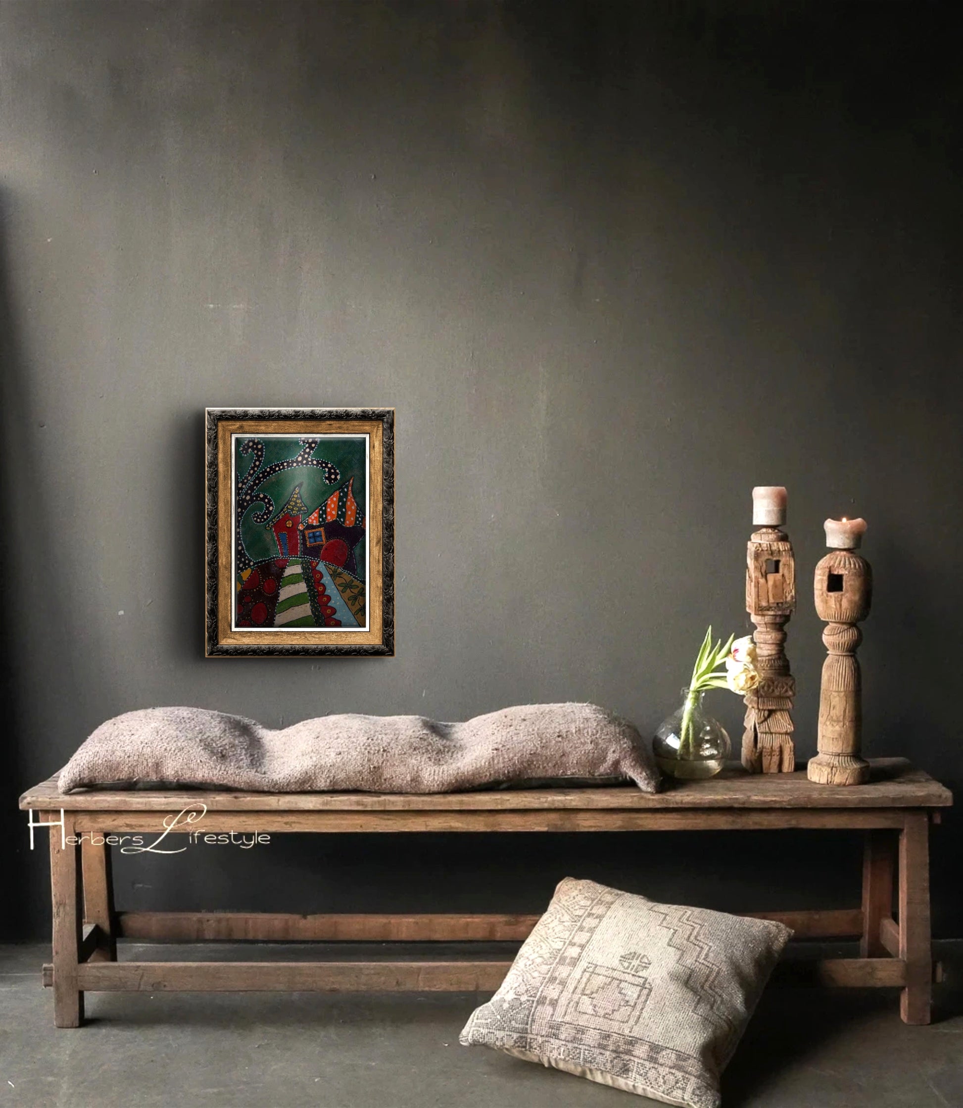 Naif Ev Tablo El Yapımı Ahşap Üzerine Akrilik Duvar Dekoru