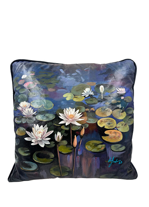 Night Lotus Desenli Keten Dekoratif Kırlent